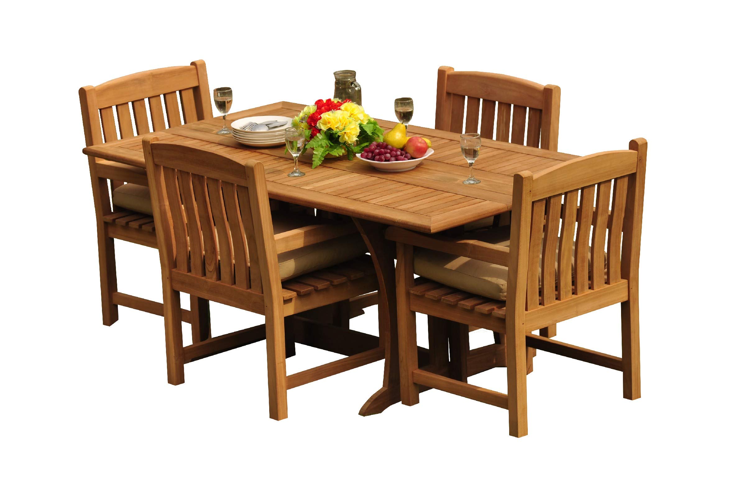 Premium Grade-A Teak Wood 5-Piece Dining Set - Warwick Folding Rectangle Table with 4 Devon Arm Chairs (Model #21DV1505) | Outdoor Patio Furniture for Garden, Deck & Backyard Dining