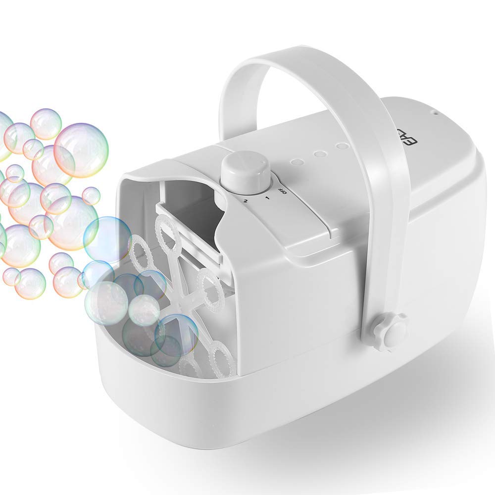 Automatic Bubble Blower Machine - Portable Bubble Maker for Kids & Parties, Indoor/Outdoor Use with 2 Speed Modes, Plug-in or Battery Powered (White) - Perfect for Birthday Parties, Backyard Fun & Family Gatherings