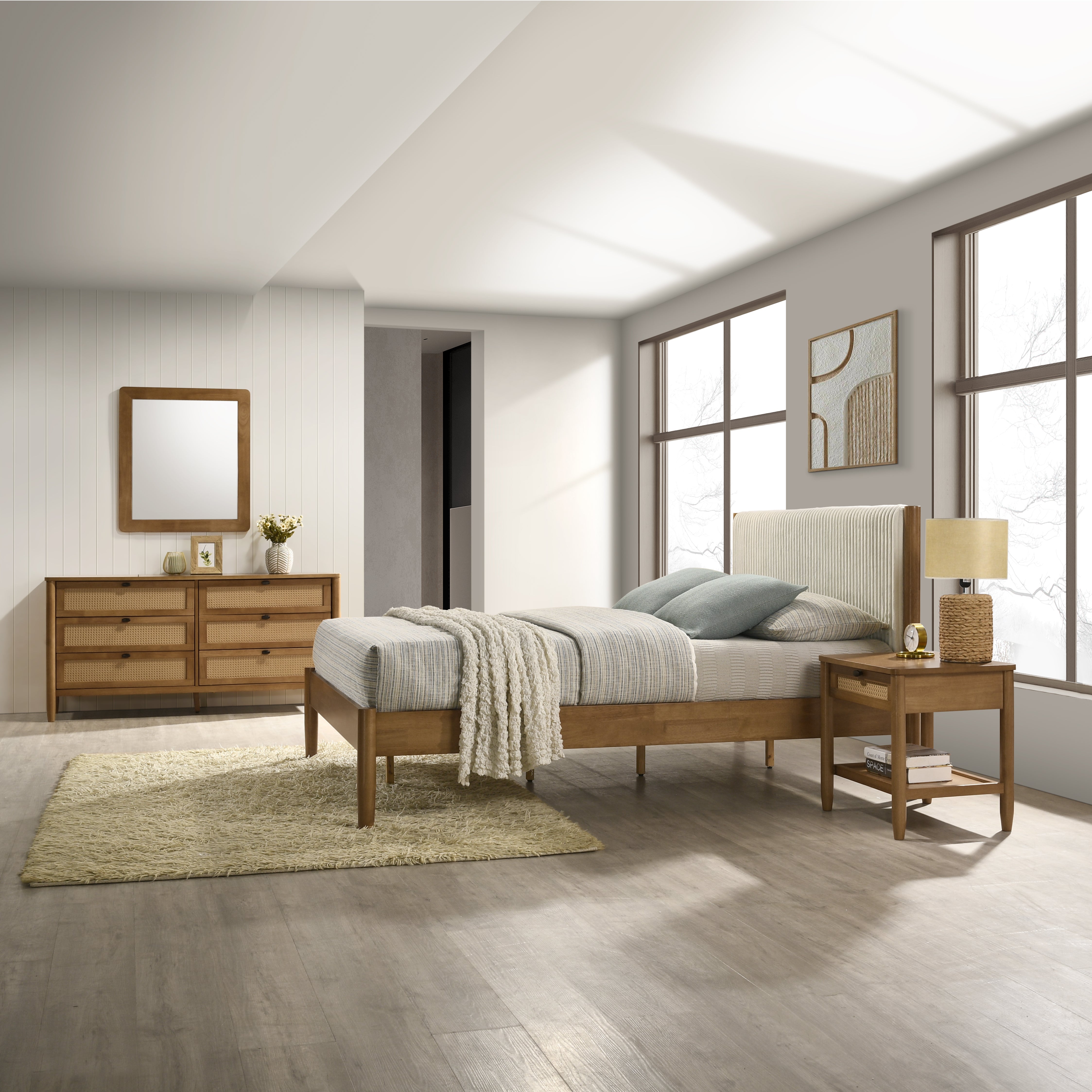 Roundhill Furniture Vichy 5-Piece Rubberwood Bedroom Set - Queen Upholstered Bed, Chest, Dresser, Mirror & 2 Nightstands | Solid Wood Furniture for Master Bedroom, Guest Room & Apartment Decor