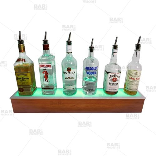 BarConic® 2-Tier LED Liquor Bottle Display Shelf - Wild Cherry Finish, Adjustable Lengths for Home Bar, Restaurant & Retail Store Displays