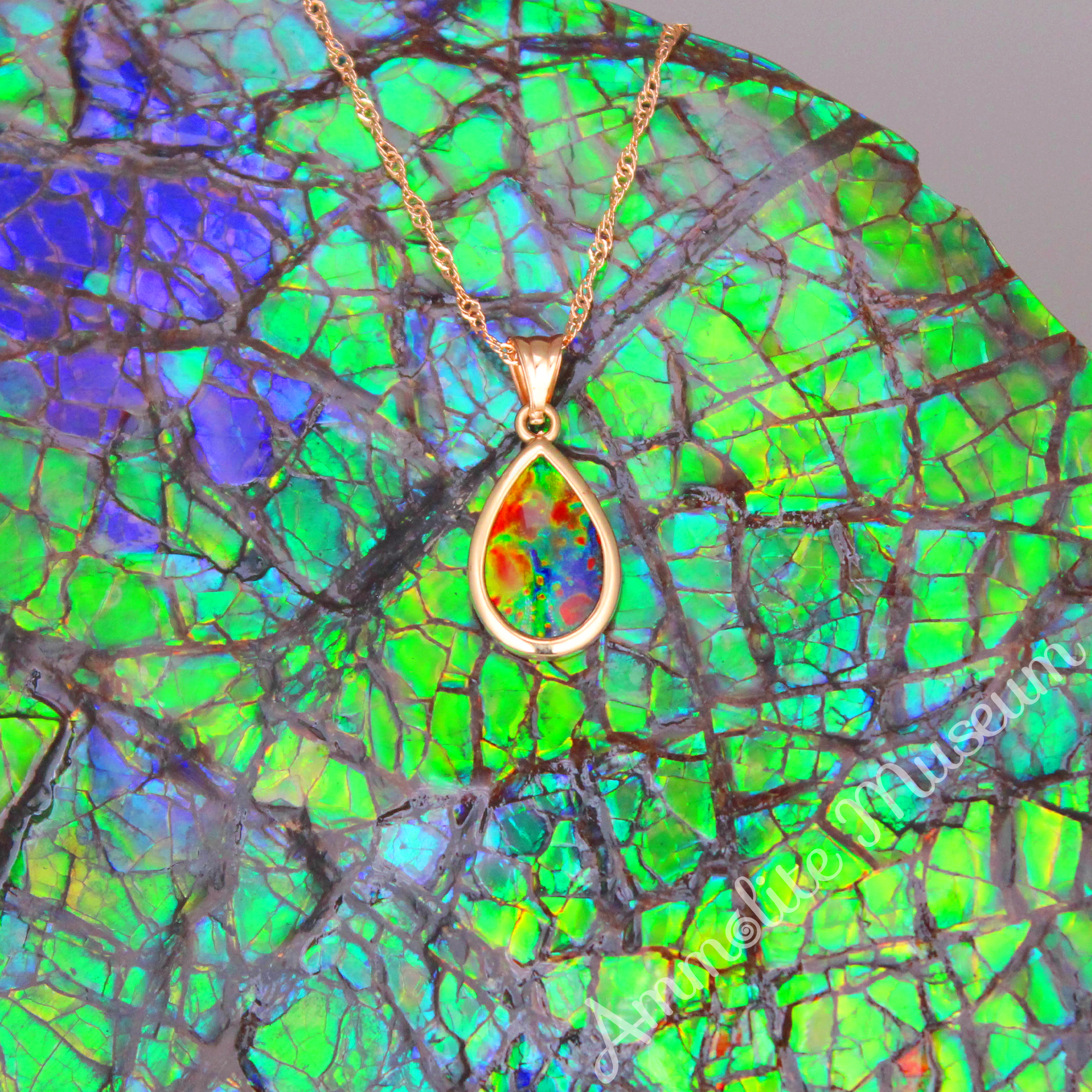 14K Gold Teardrop Ammolite Pendant Necklace - Natural Iridescent Gemstone Jewelry for Women - Perfect for Weddings, Parties & Special Occasions