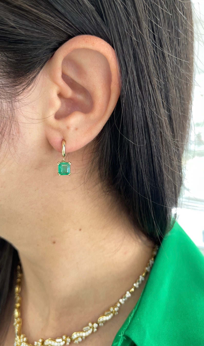 2.80tcw Natural Emerald Asscher Cut Knife Edge Huggie Dangle Earrings in 14K Gold - Perfect for Weddings, Parties & Special Occasions
