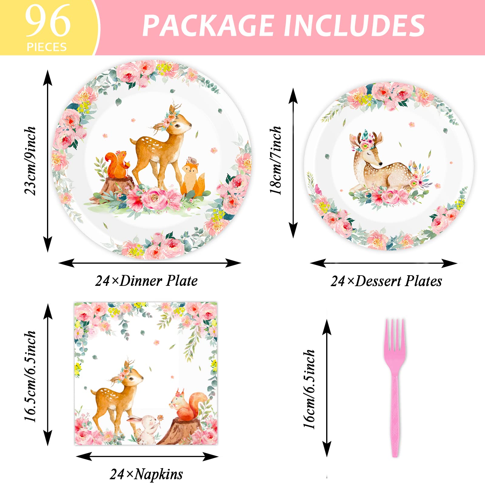 96PCS Pink Woodland Baby Shower Tableware Set - Disposable Plates, Napkins & Forks for Girls Safari Party - Forest Animal Deer Flower Theme Dinnerware for 24 Guests - Perfect for Baby Showers, Birthday Parties & Gender Reveals