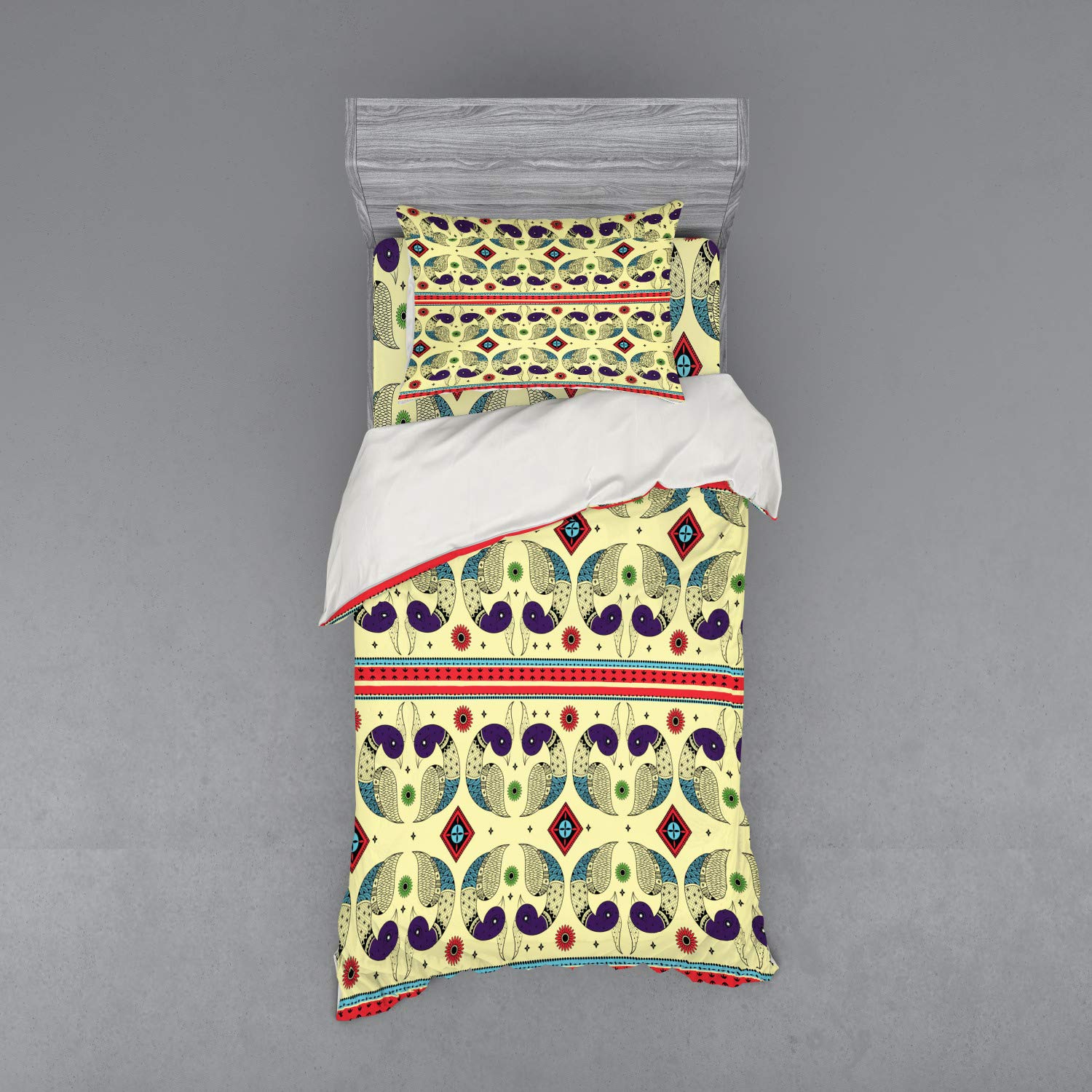Ambesonne Tribal Bedding Set - 3 Piece Duvet Cover with Sham & Fitted Sheet, Twin Size, Cream & Purple | Peacock & Floral Abstract Native American Art | Perfect for Boho Bedroom Decor, Guest Rooms & Dorm Essentials