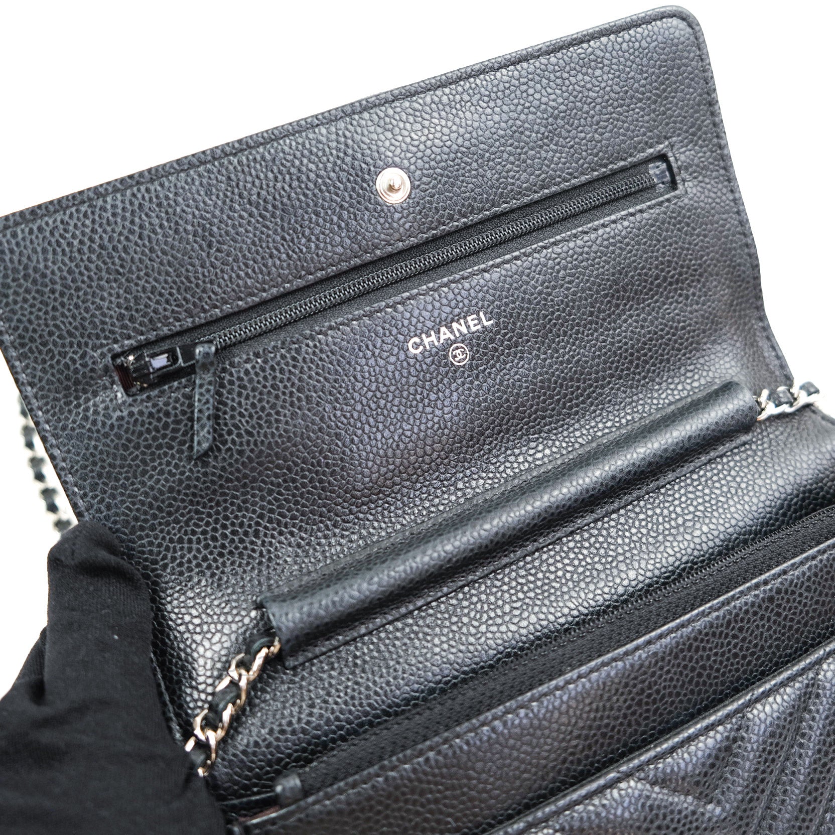 Chanel Chevron Wallet on Chain WOC Black Caviar Leather with Silver Hardware - Perfect for Evening Events & Daily Use