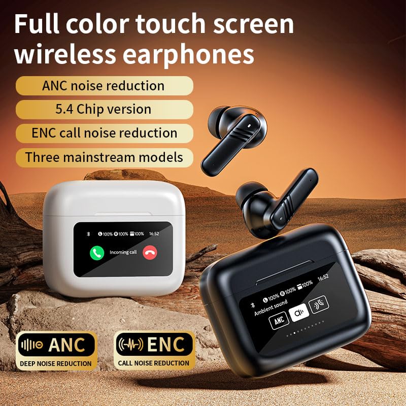 Premium Wireless Earbuds with LCD Touch Screen - Bluetooth 5.4 TWS Noise Cancelling Headphones with Built-in Mic, Hi-Fi Stereo Sound & Wireless Charging Case - Touch Control Earphones for iPhone/Android (Black) - Perfect for Workouts, Commuting & Office Use