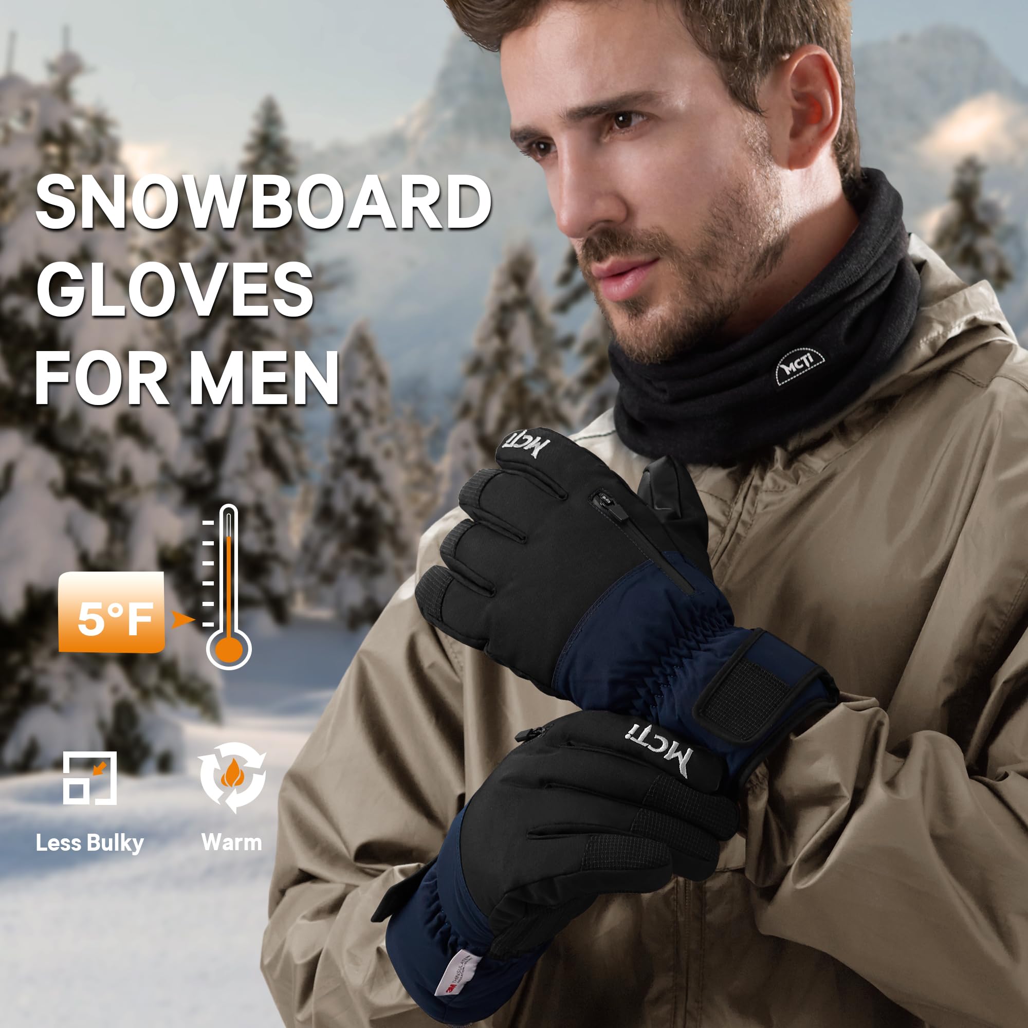 **MCTi Men's Waterproof Insulated Snowboard & Ski Gloves - Winter Sports Gloves with Abrasion-Resistant Palm for Cold Weather & Outdoor Activities**