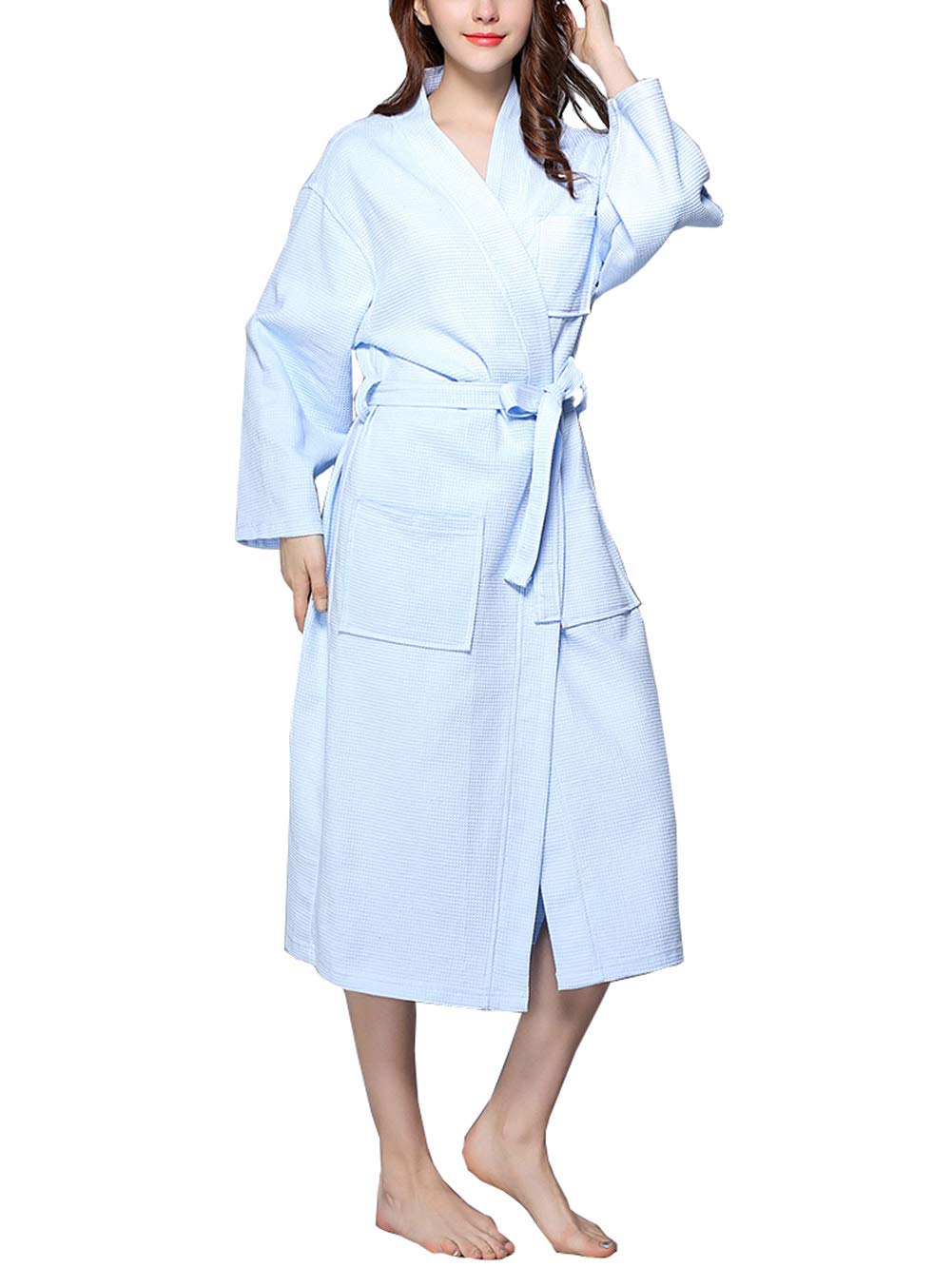 KM Women's Spring & Autumn Long Sleeve Waffle Cotton Bathrobe - Soft & Cozy Loungewear for Spa, Home Relaxation & Hotel Use
