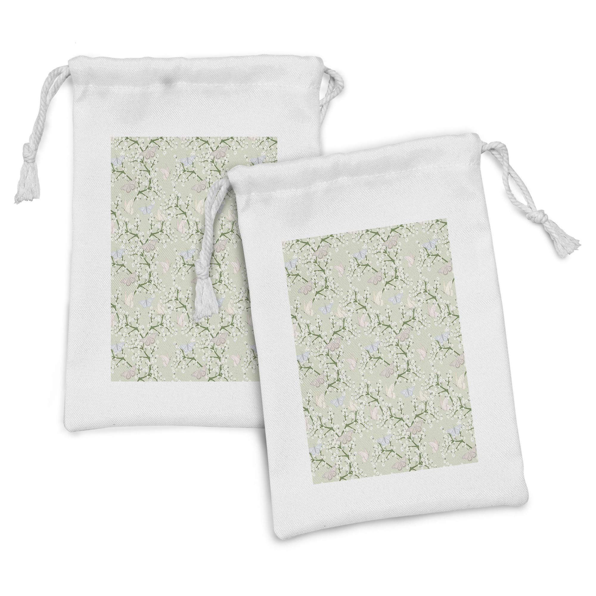 Ambesonne Floral Butterfly Fabric Pouch Set of 2 - Pastel Green Drawstring Bags for Toiletries, Makeup, Jewelry & Travel Accessories (9
