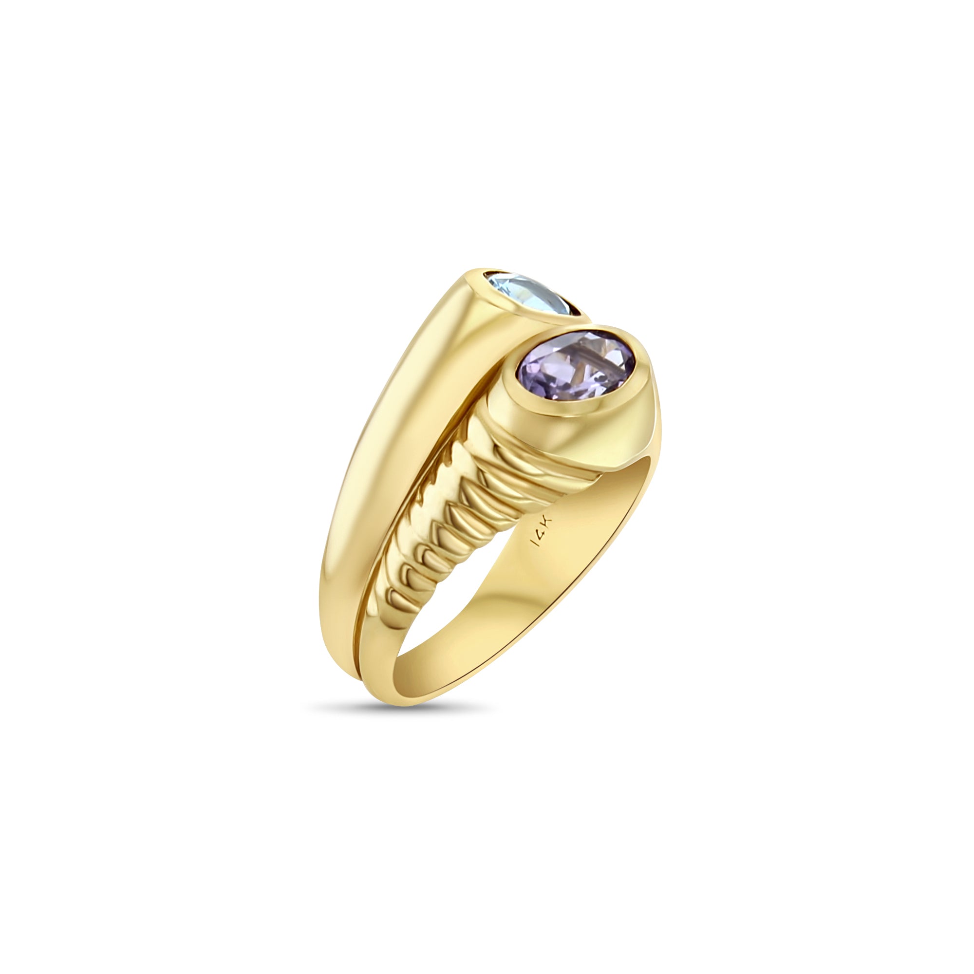 14K Yellow Gold Amethyst & Blue Topaz Bypass Ring - Elegant Stackable Jewelry for Women, Perfect for Weddings, Anniversaries & Everyday Wear