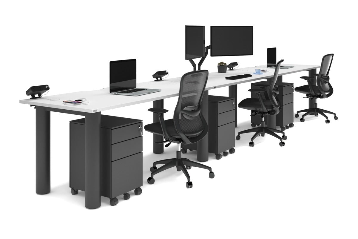 Quadro Cylinder Leg 3-Person Office Workstation Desk - 1600L x 800W with Cable Management - Modern Office Furniture for Collaborative Workspaces & Team Projects
