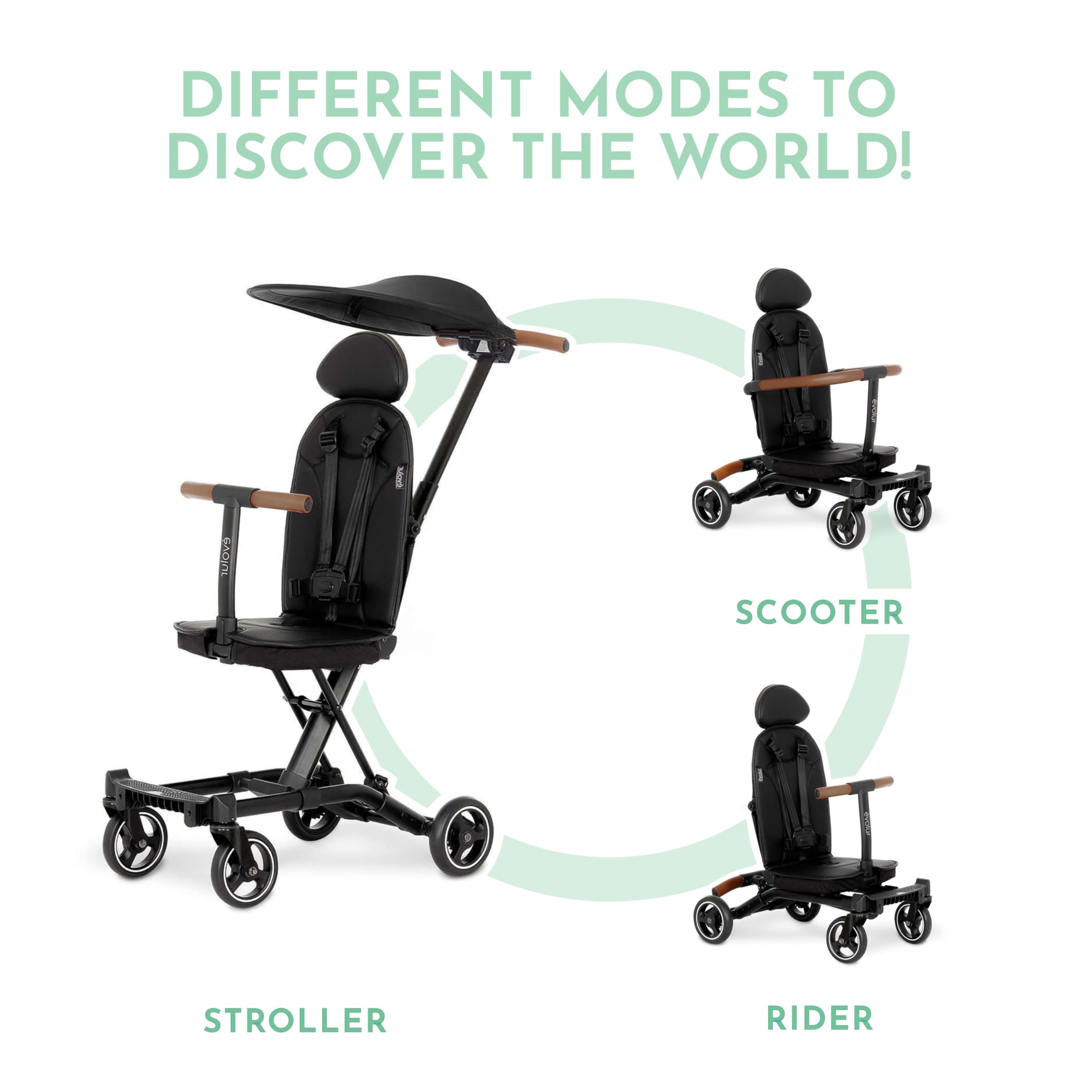 Evolur Cruise Rider Lightweight Compact Fold Stroller with Canopy - Easy to Carry Travel Stroller for Toddlers - Perfect for Air Travel, Shopping & Daily Walks (Noir Black)