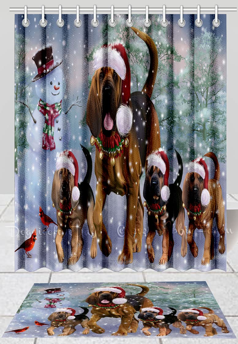 Christmas Themed Running Bloodhound Dogs Shower Curtain & Bath Mat Set - Anti-Slip Bathroom Decor with Hooks, Plush Polyester Rug (Mat 16