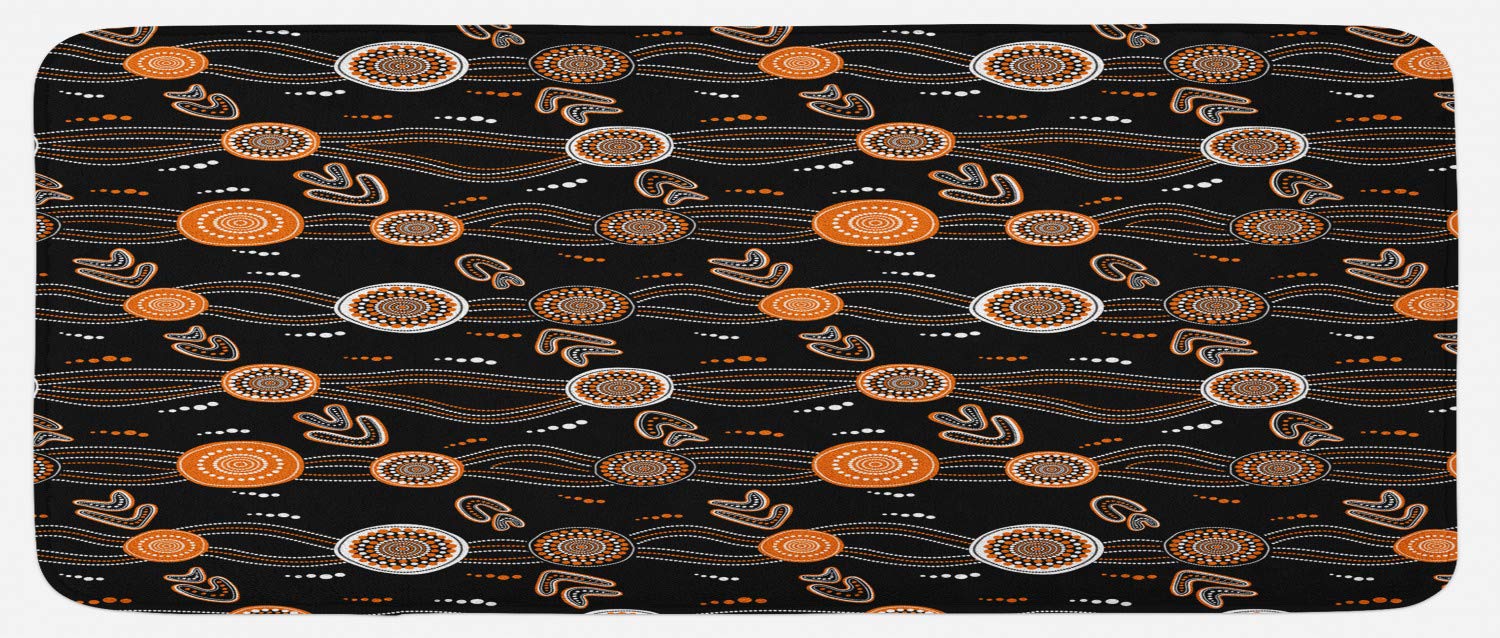 Ambesonne Aboriginal Kitchen Mat - Non-Slip Plush Rug with Abstract Rounded Shapes, Dotted Wavy Lines & Boomerang Designs, 47x19 Inches, Grey Orange - Perfect for Kitchen Floor, Entryway, or Bathroom Decor