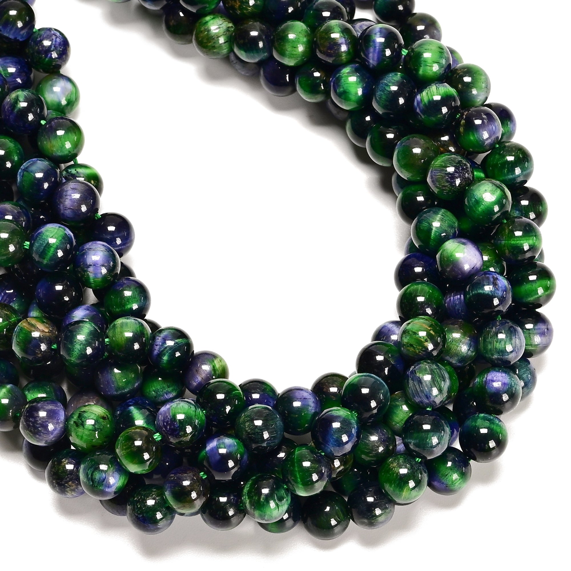 Natural Galaxy Green Blue Tiger Eye Smooth Round Beads - 6mm, 8mm, 10mm, 15.5 Inch Strand - for Jewelry Making, DIY Bracelets, Necklaces & Healing Crystal Crafts