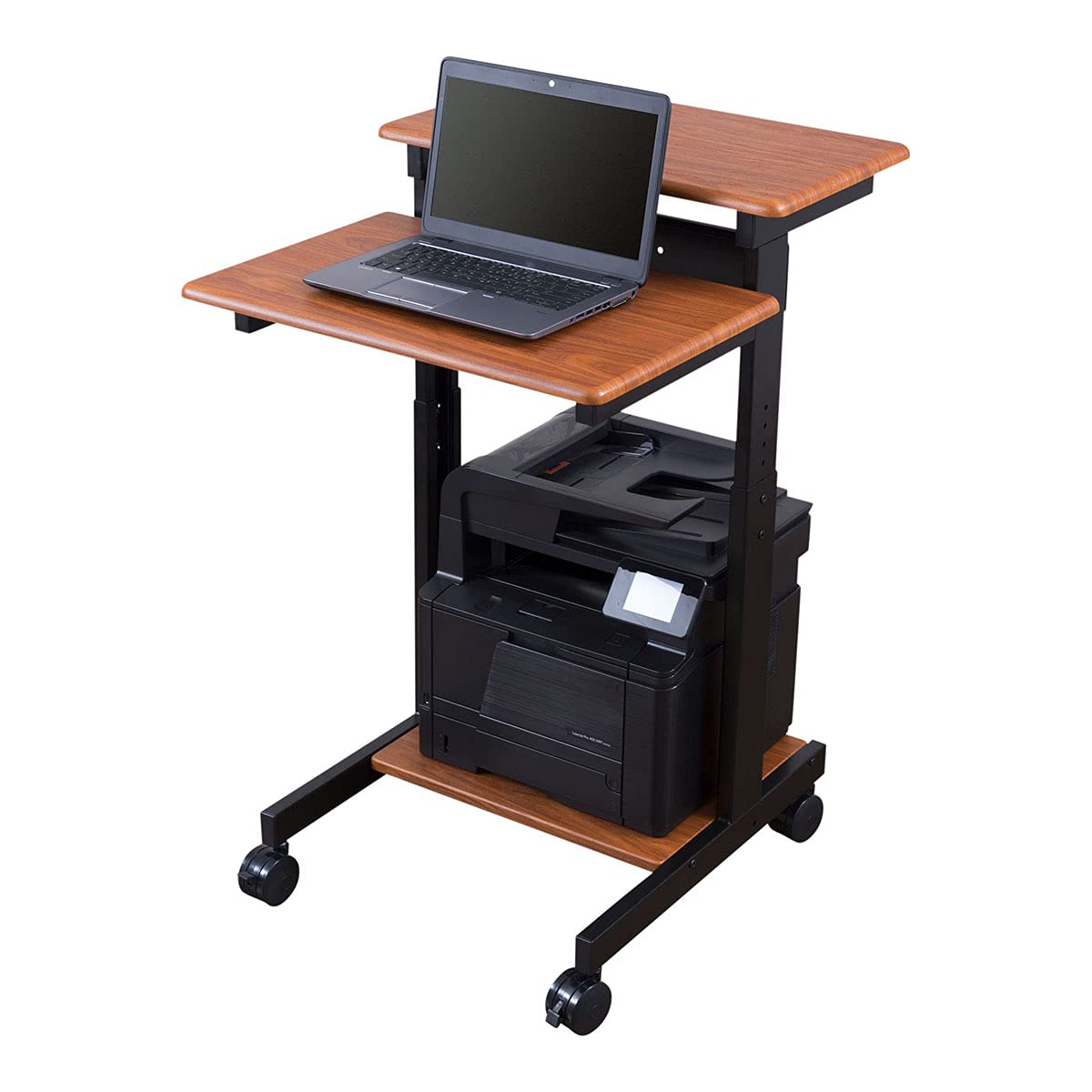Adjustable Height Rolling Standing Desk with Two-Tier Workstation - Black Frame & Teak Top (24