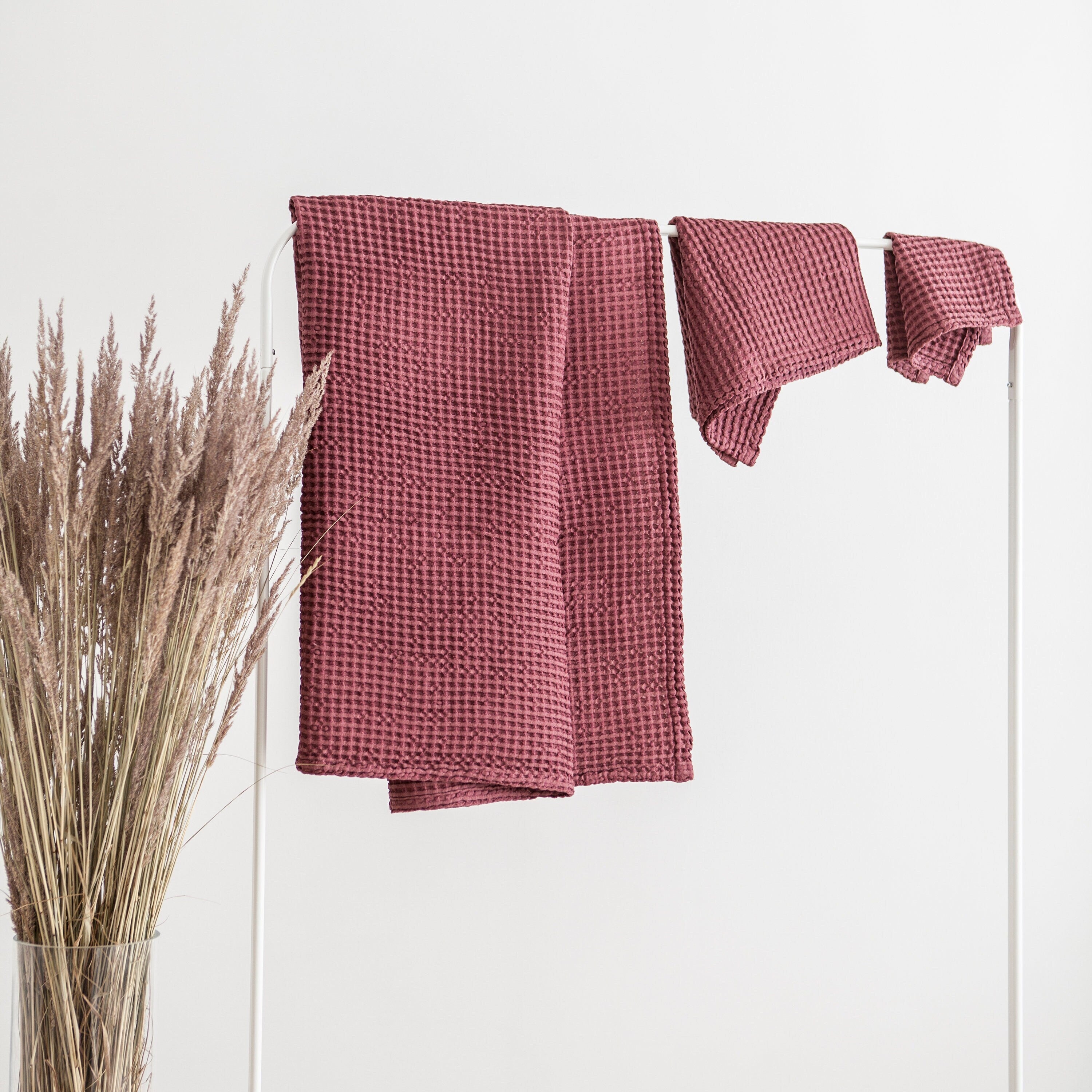 Premium Red Waffle Weave Towel Set - 3 Piece Ultra Absorbent Bath & Kitchen Towels for Spa, Gym, and Luxury Home Use