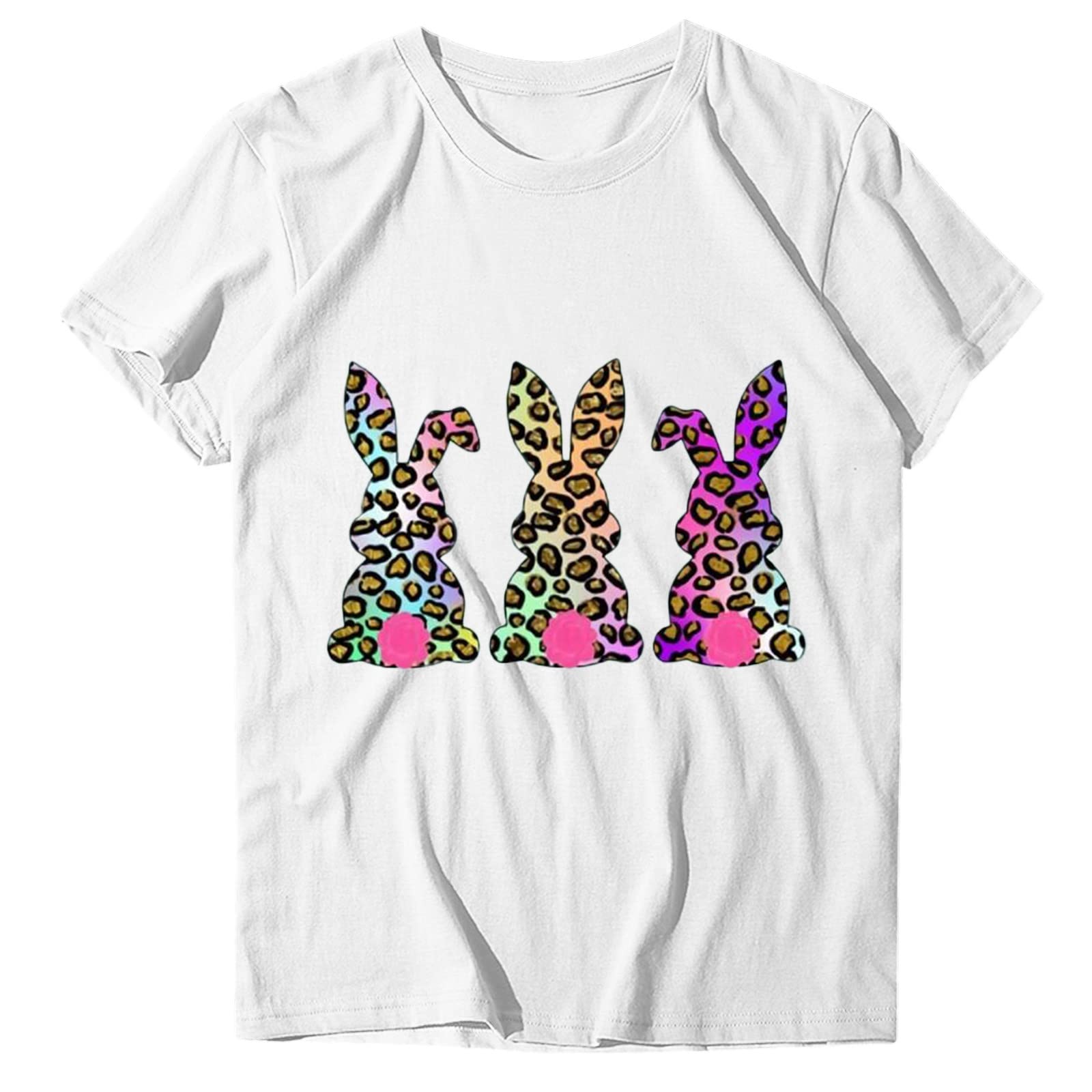 Elegant Women's Short Sleeve T-Shirt with Rabbit Print - Round Neck Easter Day Top (White, L) | Perfect for Spring Outfits, Easter Celebrations & Casual Wear