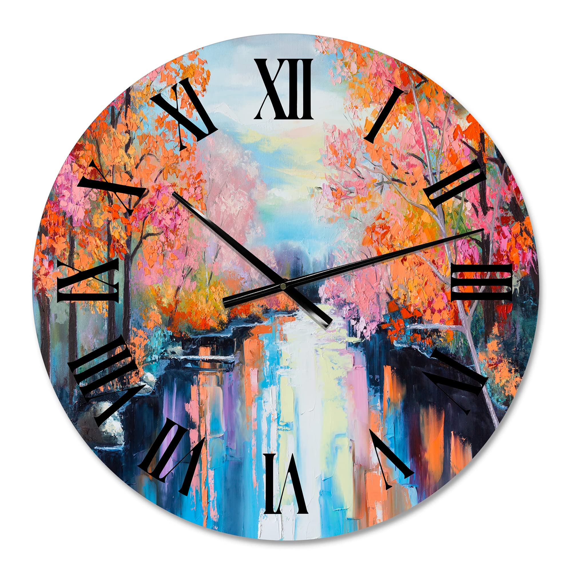 DesignQ Lake House Wall Clock - Orange Autumn Forest by The River Landscape Nature Wall Art - Large Rustic Clock for Living Room, Bedroom & Office Decor - Perfect for Farmhouse, Cabin & Lakeside Home Décor