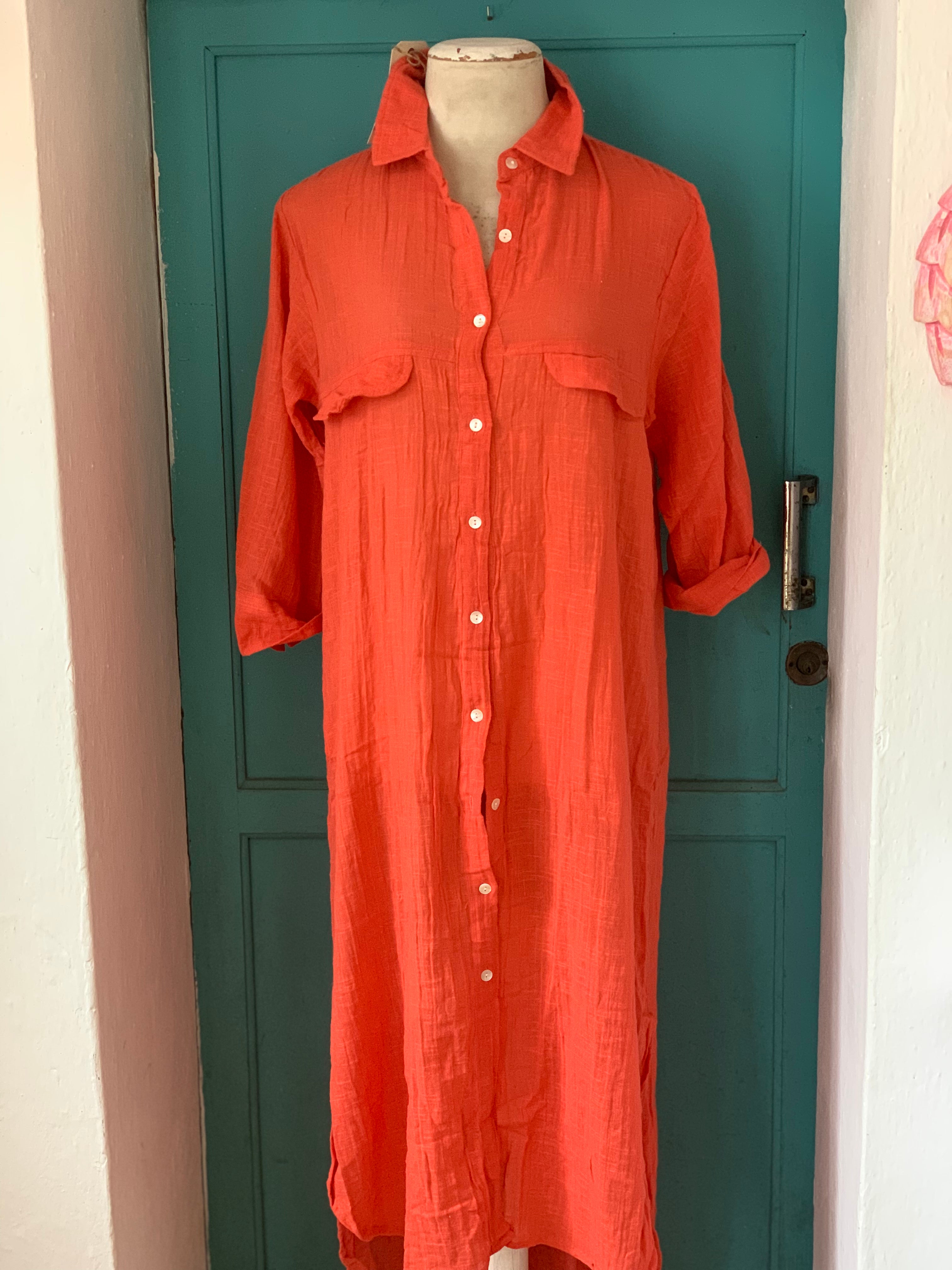 Strawberry Red Long Shirt Dress for Women - Casual & Elegant Style for Work, Date Night, and Everyday Wear