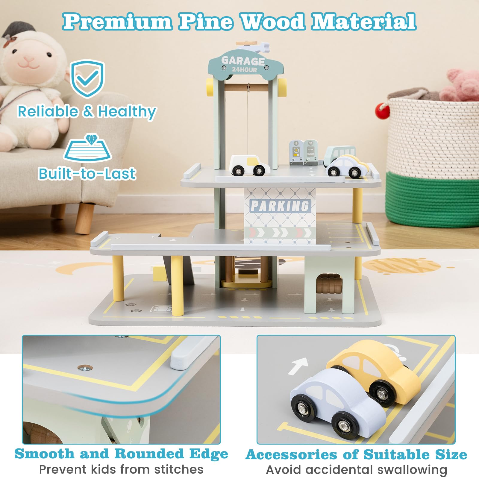 Costzon Multi-Level Wooden Toy Car Garage with 4 Cars, Helicopter & Working Elevator - Kids Parking Garage Playset with Gas Station, Charging Station & Ramps - Pretend Play Gift for Toddlers & Children Ages 3+ - Perfect for Imaginative Play, Birthday Gifts & Preschool Learning Activities