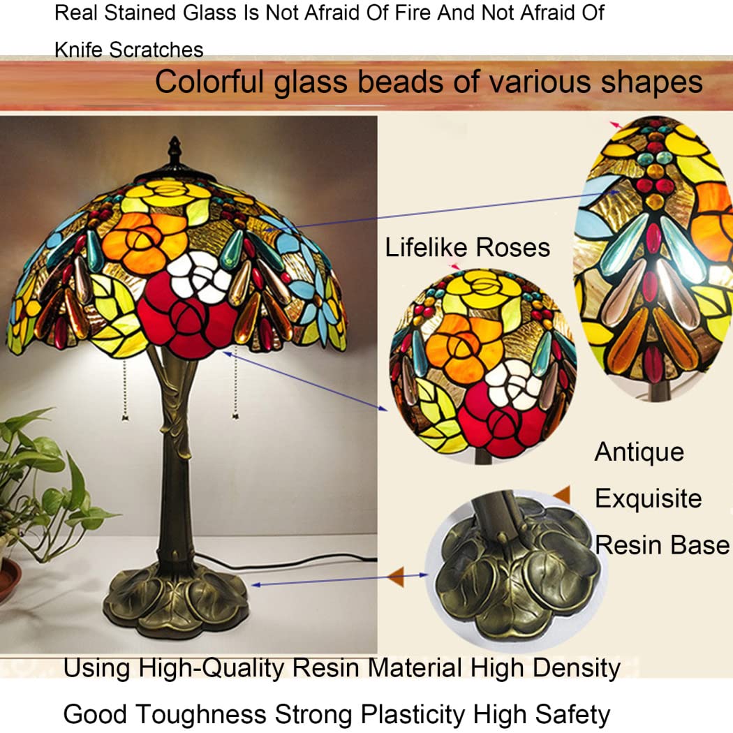 Tiffany Style Stained Glass Table Lamp with Pink Green Floral Design, Mini Crystal Beads Accents - 16 Inch Victorian Desk Lamp for Bedroom, Living Room, Nightstand, Library | Perfect Reading Light, Home Decor, Gift for Sympathy & Memory