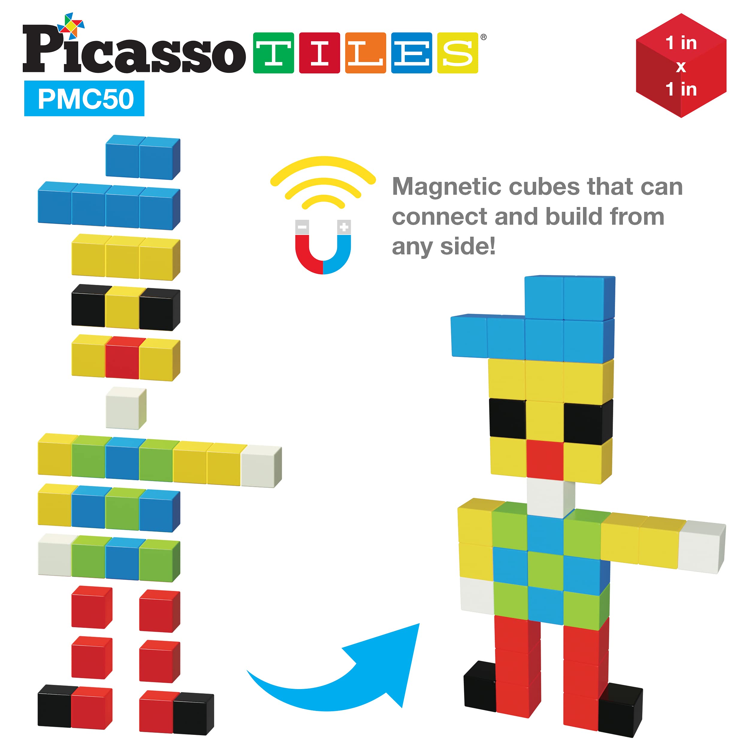 PicassoTiles 50-Piece Magnetic Puzzle Cube Set - Van Gogh, Mona Lisa & Art Mix & Match Building Blocks | STEM Learning, Sensory Toys for Kids | Creative Construction Play for Home & Classroom Activities