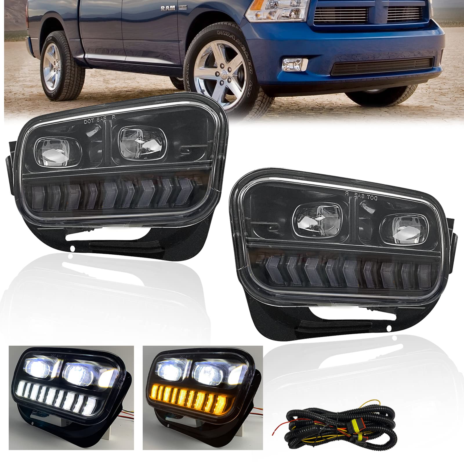 LED Fog Lights with DRL for 2009-2014 Dodge Ram 1500/2500/3500 - 1 Pair Front Bumper Driving Light Assemblies - Perfect for Night Driving & Off-Road Adventures