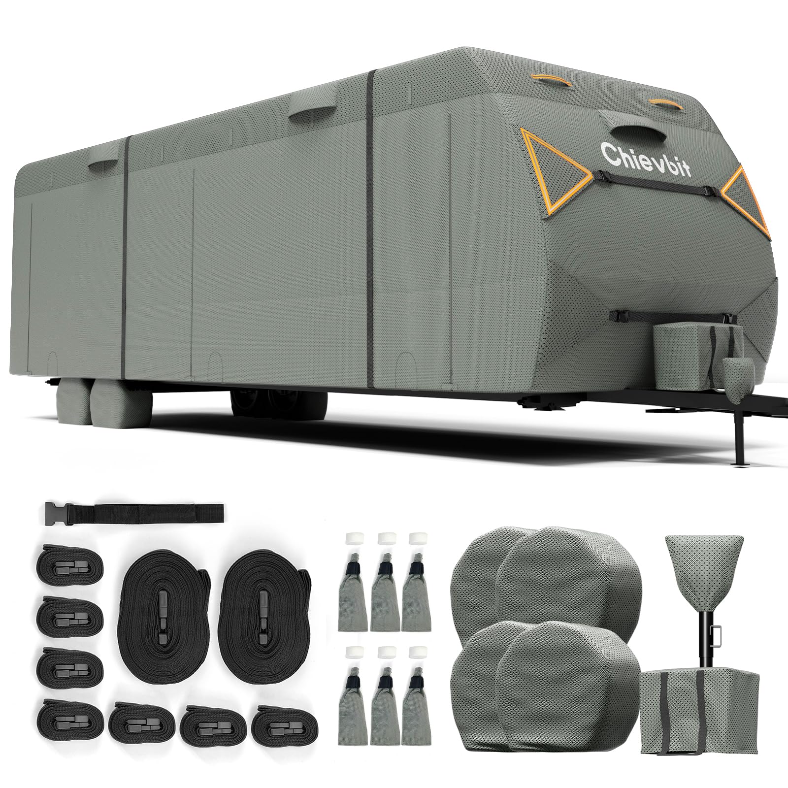 **16'-18' Heavy-Duty RV Travel Trailer Cover - 7-Layer Anti-Tear Windproof Camper Cover with Adhesive Repair Patches, 2 Extra Straps & 4 Tire Covers - Perfect for Outdoor Storage & Winter Protection**