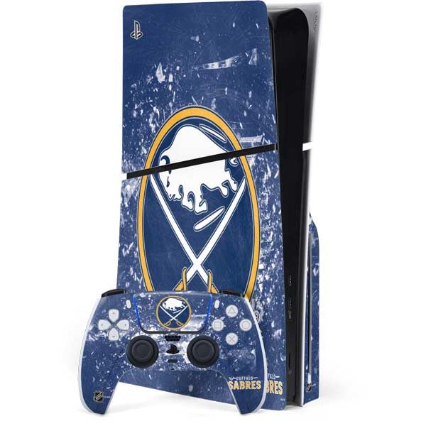Officially Licensed NHL Buffalo Sabres Frozen Design PS5 Slim Disk Bundle Gaming Skin Decal | Custom Protective Cover for PlayStation 5 Console & Controller | Perfect for Hockey Fans & Gamers