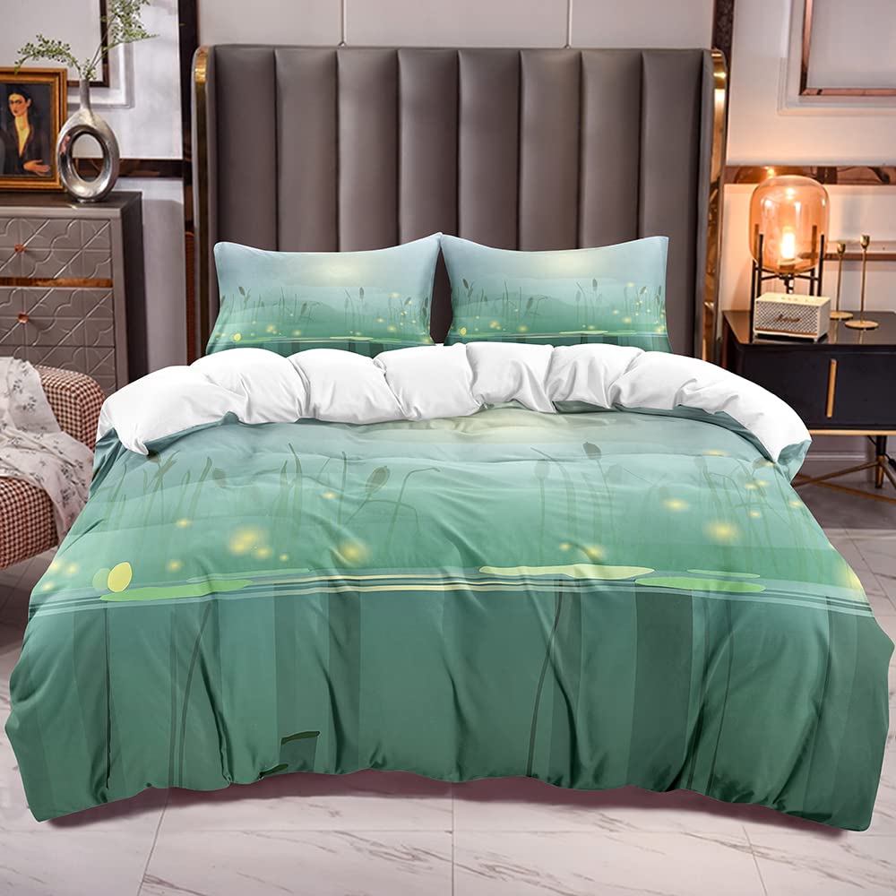 Firefly Print Duvet Cover Set - Twin Size Leaf Pattern Comforter Cover with Pillow Sham - Peaceful Lake Design Bedding for Kids, Teens & Adults - Perfect for Nursery, Dorm Room or Guest Bedroom Decor