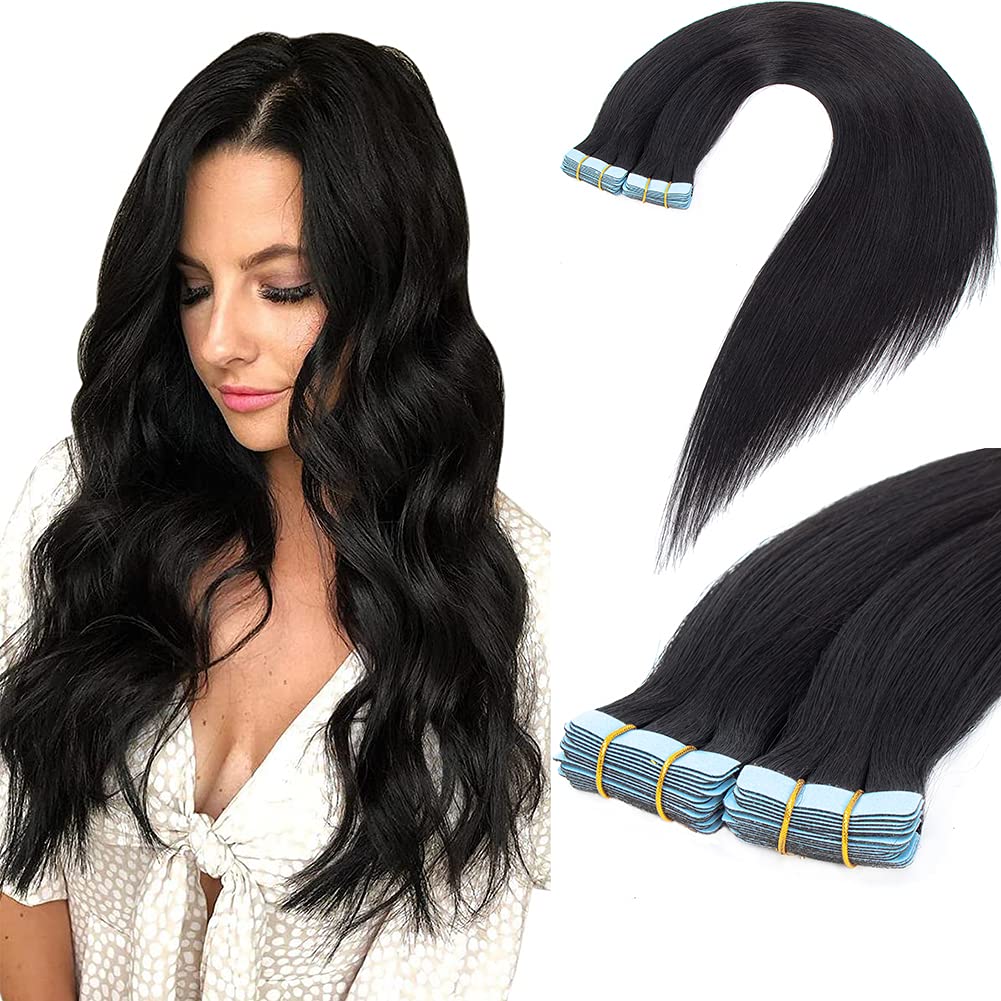 Amella Hair 24 Inch Human Hair Tape in Extensions - 20 Pcs Silky Straight Brazilian Remy Hair (50g, Color #1 Natural Black) | Seamless & Undetectable for Volume & Length | Perfect for Daily Wear, Parties & Special Occasions
