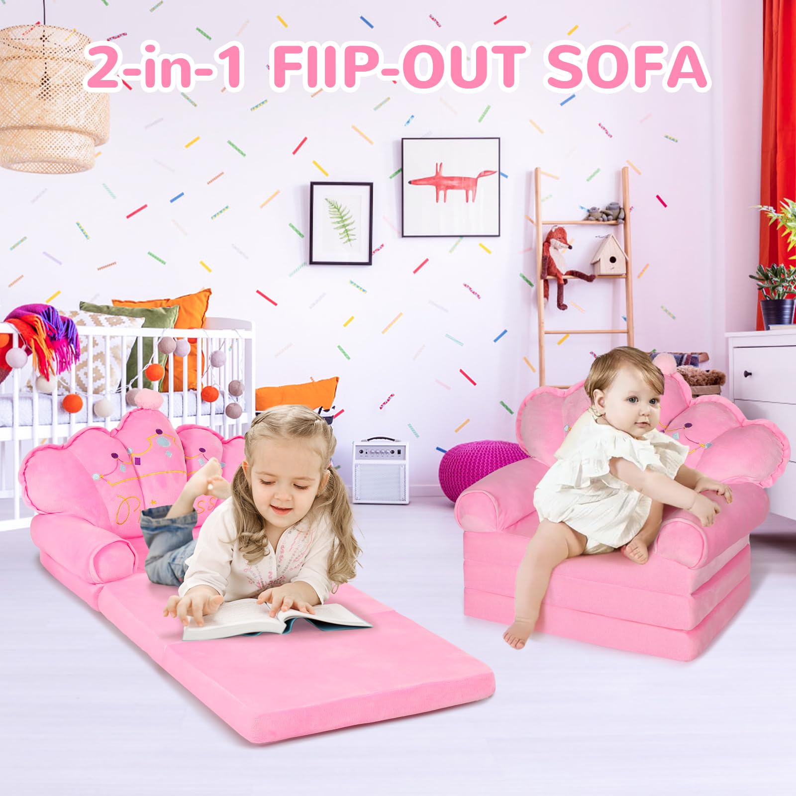**Foldable Kids Sofa Chair - Comfy Toddler Couch for Girls 1-4 Years | Soft Pink Princess Chair for Bedroom & Playroom | Portable Baby Couch for Reading, Napping & Playtime (Water Pink)**