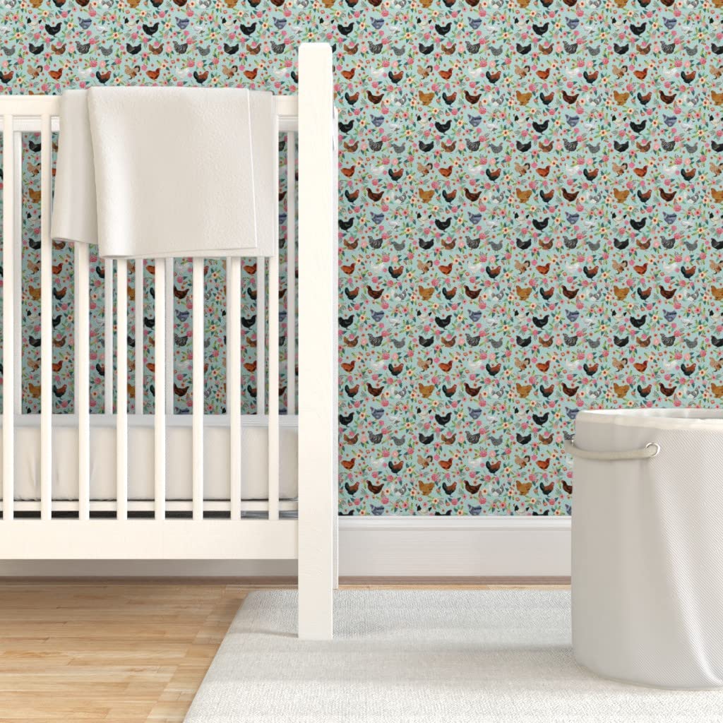 Peel & Stick Removable Wallpaper - 9ft x 2ft Chicken Breeds Floral Design with Hens & Birds in Light Blue | Farmhouse Decor | Perfect for Nursery, Kitchen, Bedroom & Home Office