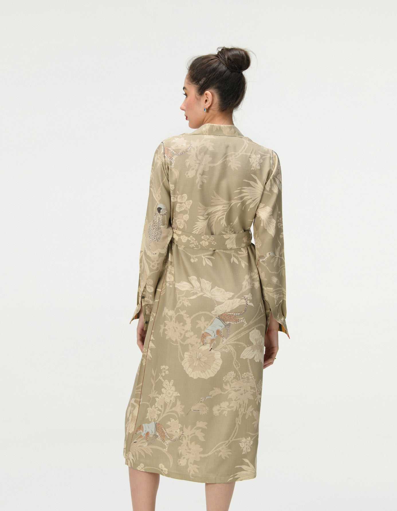Elegant Tie Belt Shirt Dress in Muga Satin - Oyster Grey | Women's Casual Office Wear & Spring Outfits