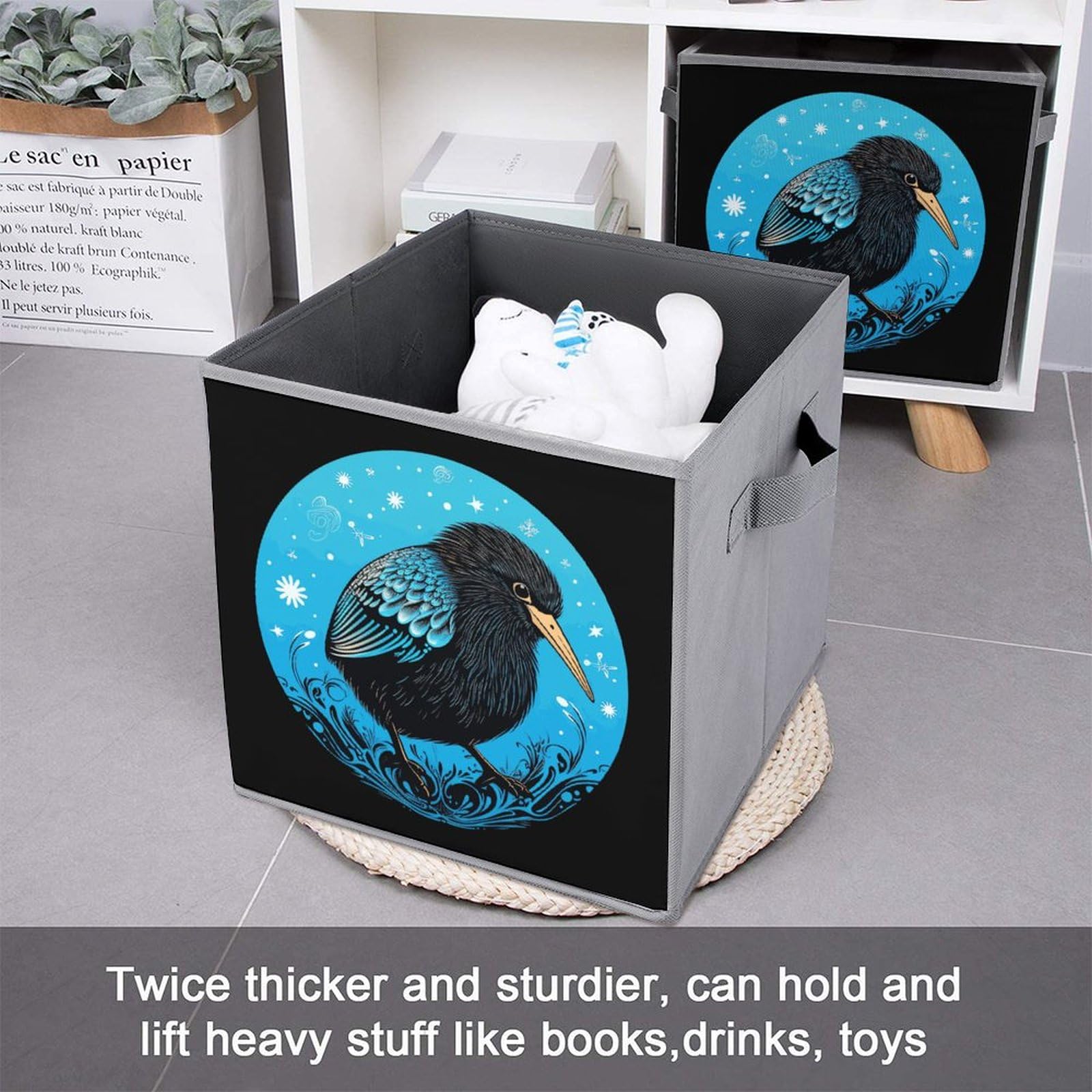 Kiwi Bird Foldable Storage Cubes - 2 Pack Collapsible Fabric Organizer Bins with Handles for Closet, Nursery, Office & Home Organization - Square Storage Baskets for Shelves, Underbed & Toy Storage