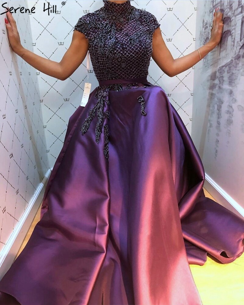 Elegant Satin Green Beaded A-Line Evening Gown with High Collar & Cap Sleeves - Dubai Formal Dress LA70761 for Prom, Gala & Special Occasions