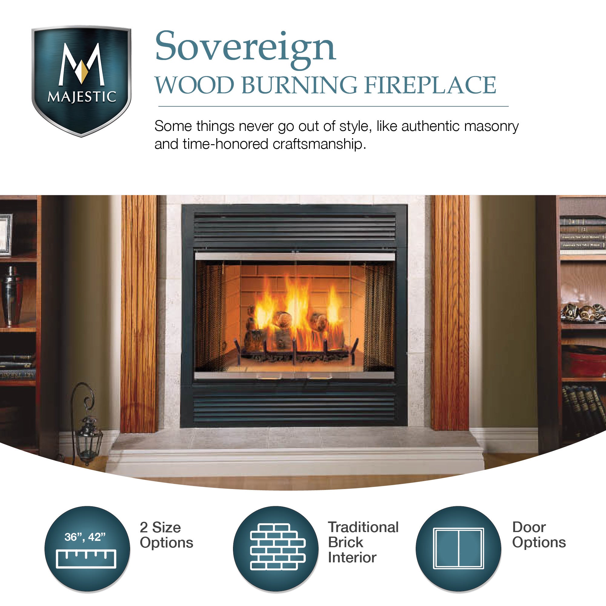 Majestic Sovereign 42-Inch Wood Burning Fireplace - SA42 Model for Cozy Indoor Heating & Rustic Home Decor