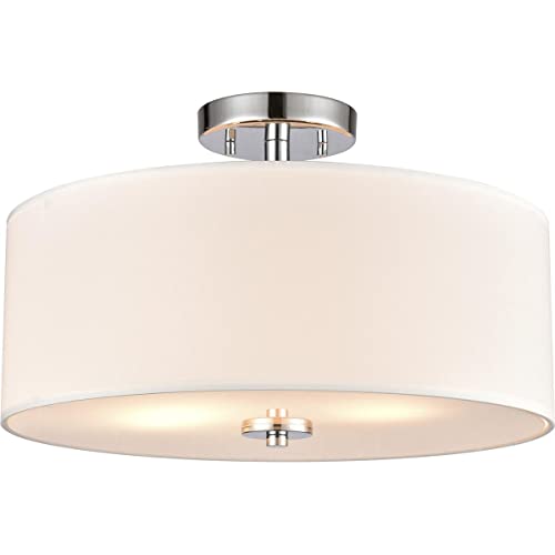 Elk Home Oakland 2-Light Semi Flush Mount Ceiling Light - Chrome Finish with White Fabric Shade & White Glass Diffuser, Modern Contemporary Lighting for Bedroom, Living Room, Dining Room, Hallway