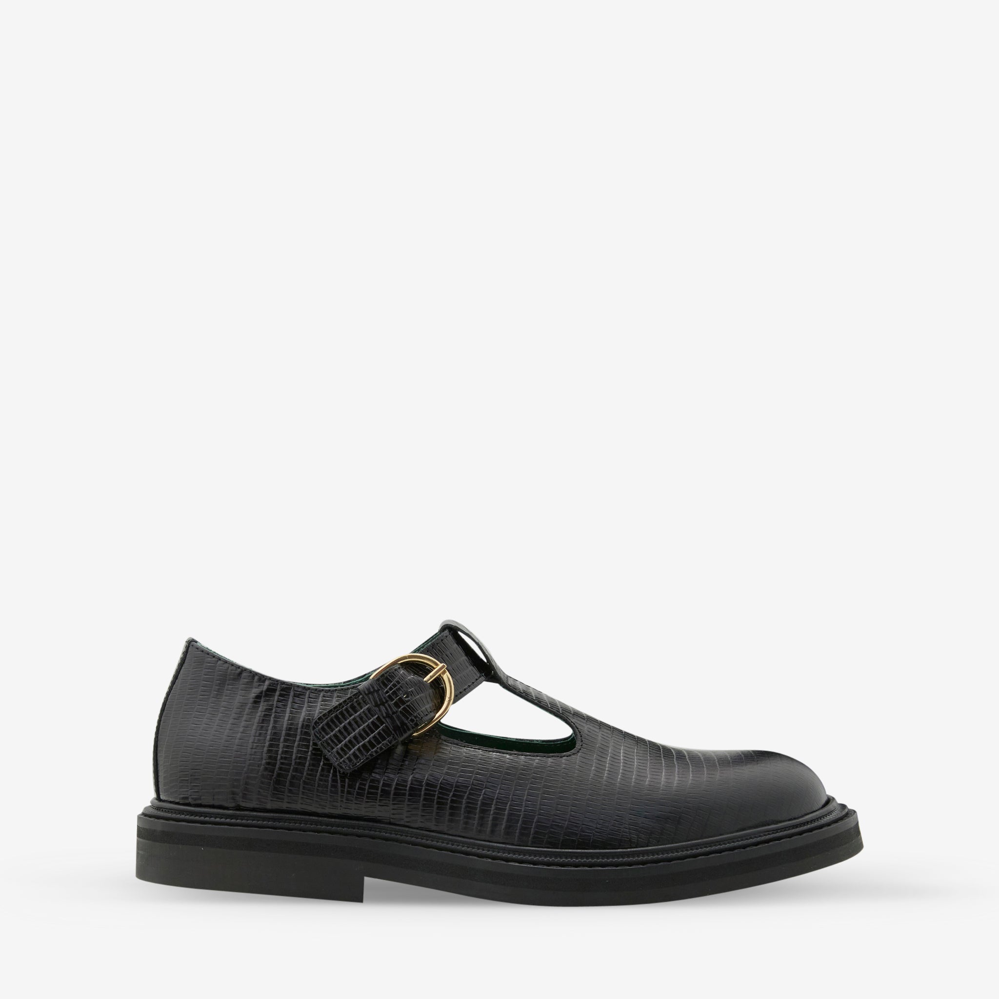 Women's Vinnee T-Strap Derby Shoes - Black Lizard Pattern Leather Loafers for Work & Casual Outfits