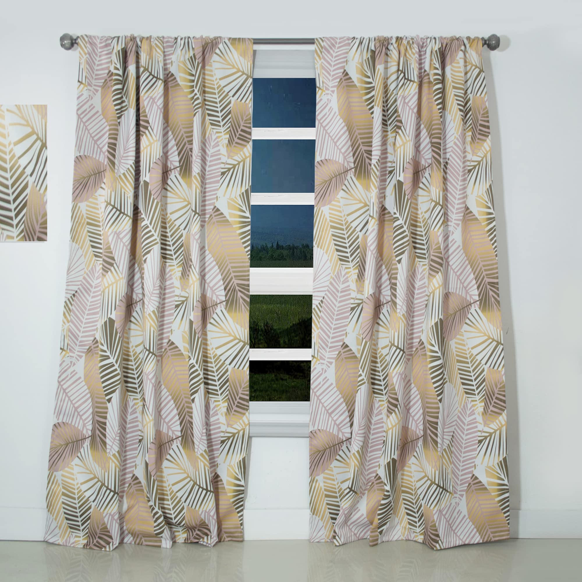 DesignQ 'Golden Palm Leaves II' Thermal Insulated Curtains - 52x108 Inch Single Panel for Bedroom & Living Room - Elegant Window Drapes for Home Decor, Sun Protection & Energy Saving