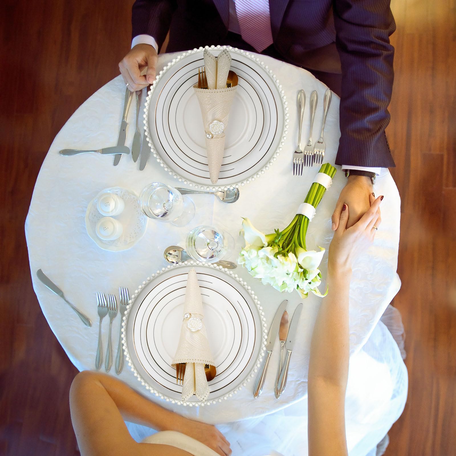 50-Pack Clear Plastic Charger Plates with Napkin Rings - 13 Inch Beaded Round Dinner Plates for Wedding, Party & Event Decorations (Silver) | Elegant Table Setting for Formal Dinners, Bridal Showers & Holiday Celebrations