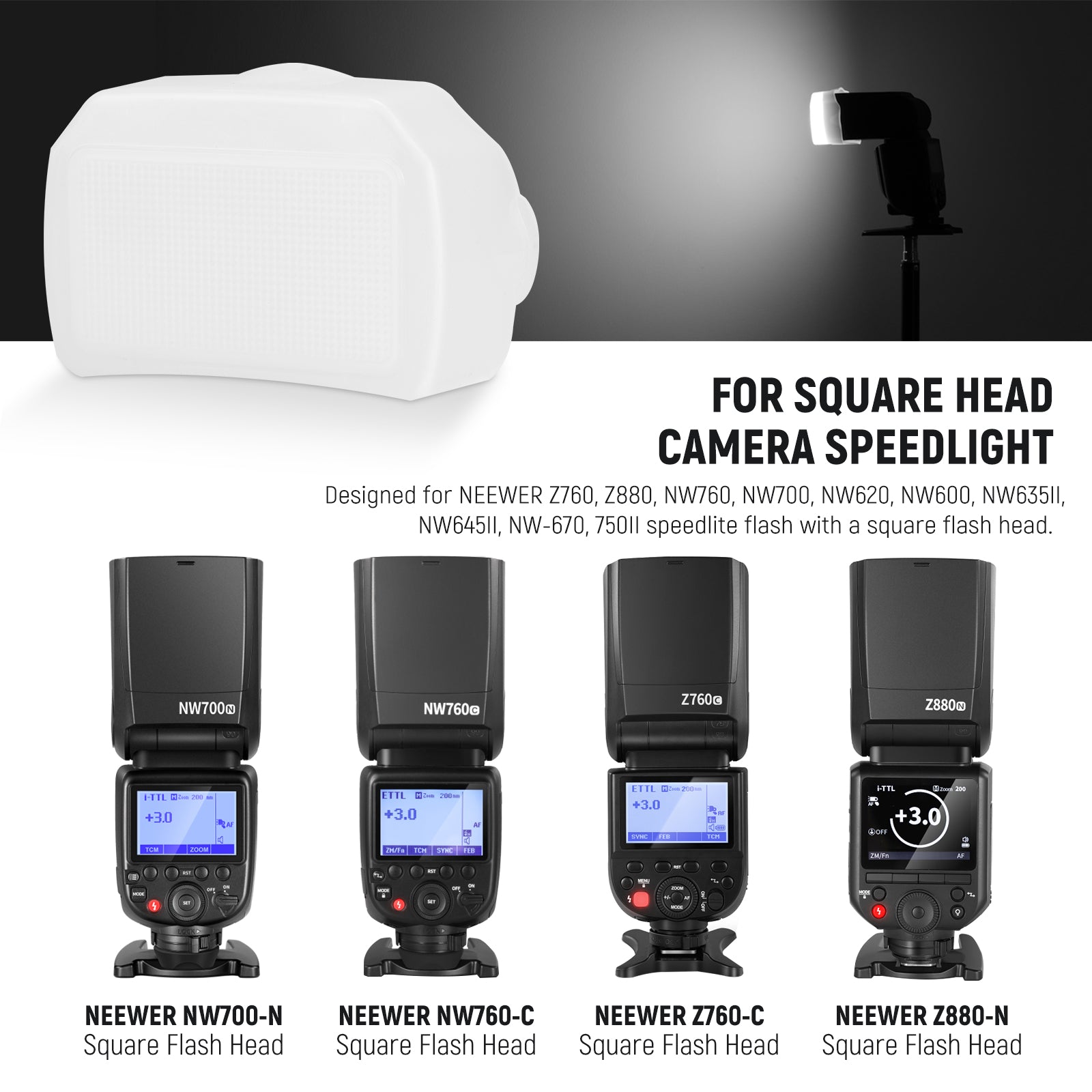 NEEWER FA002 Square Head Speedlite Flash Diffuser - Soft Light for Photography, Portraits, and Studio Lighting - Compatible with Canon, Nikon, Sony, and More