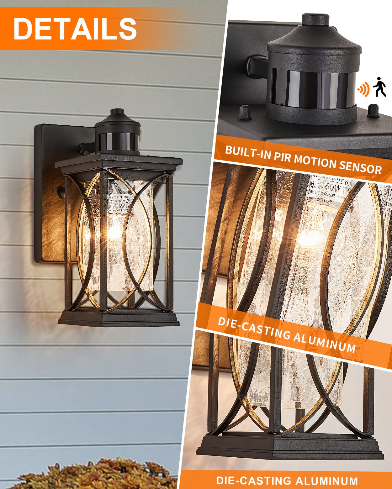 Motion Sensor Outdoor Wall Light with Dimmable LED Bulb - Black Modern Dusk to Dawn Exterior Porch Light Fixture with Cracked Glass Coach Lantern Design for House, Garage, Patio & Backyard Security Lighting