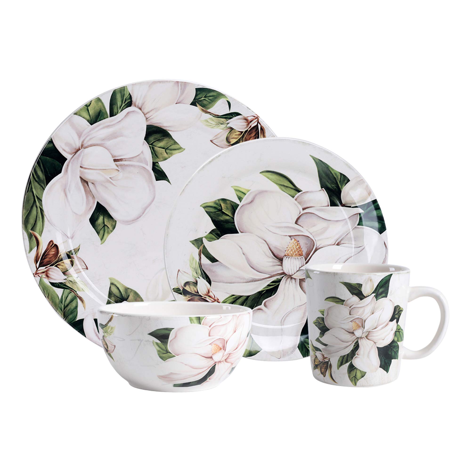 Bico Magnolia Floral Ceramic 16-Piece Dinnerware Set - Service for 4 with 11