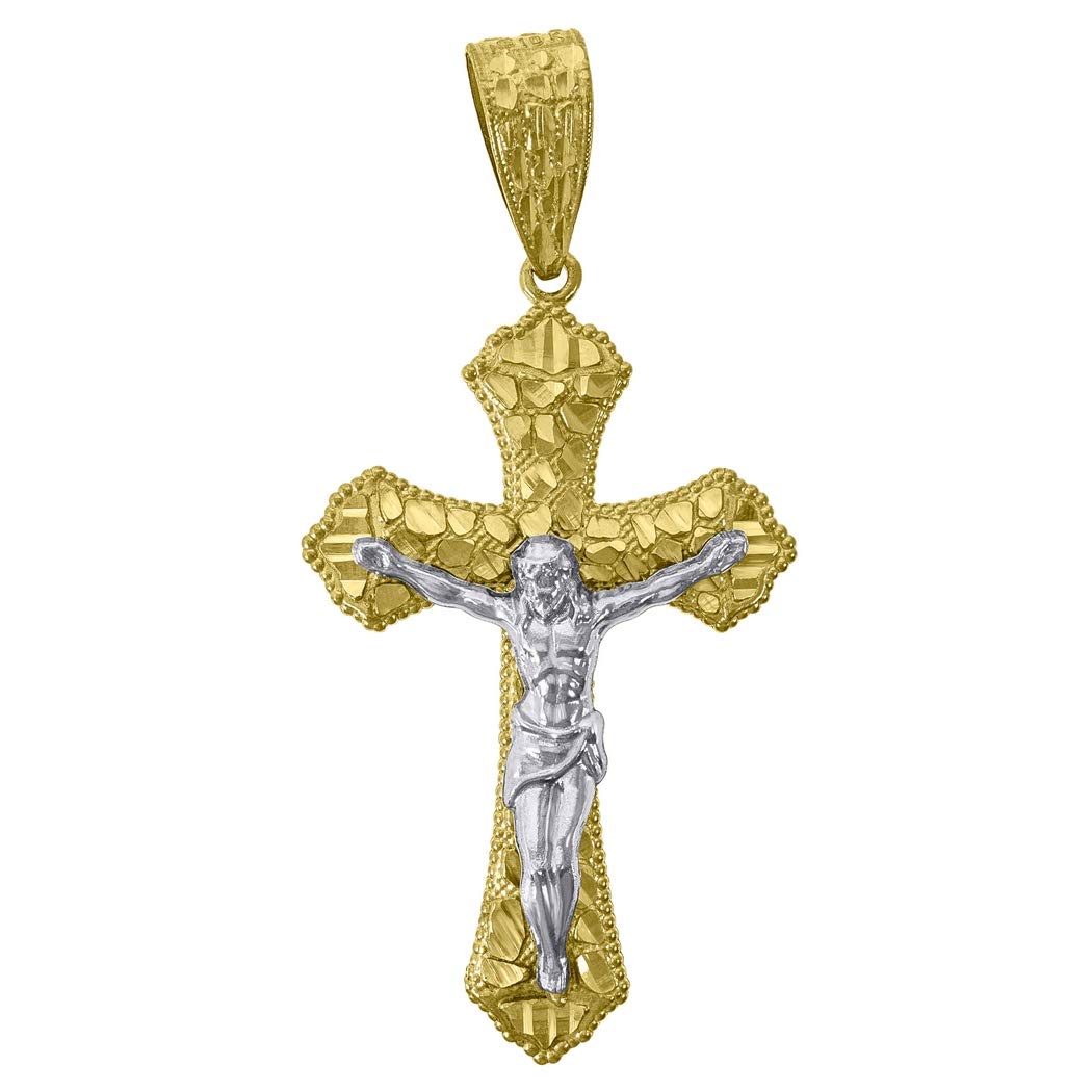 10K Gold Two-Tone Nugget Men's Cross Crucifix Pendant Necklace - 54mm Height x 25.8mm Width - Religious Jewelry Gift for Him - Perfect for Baptism, Confirmation & Daily Faith Wear