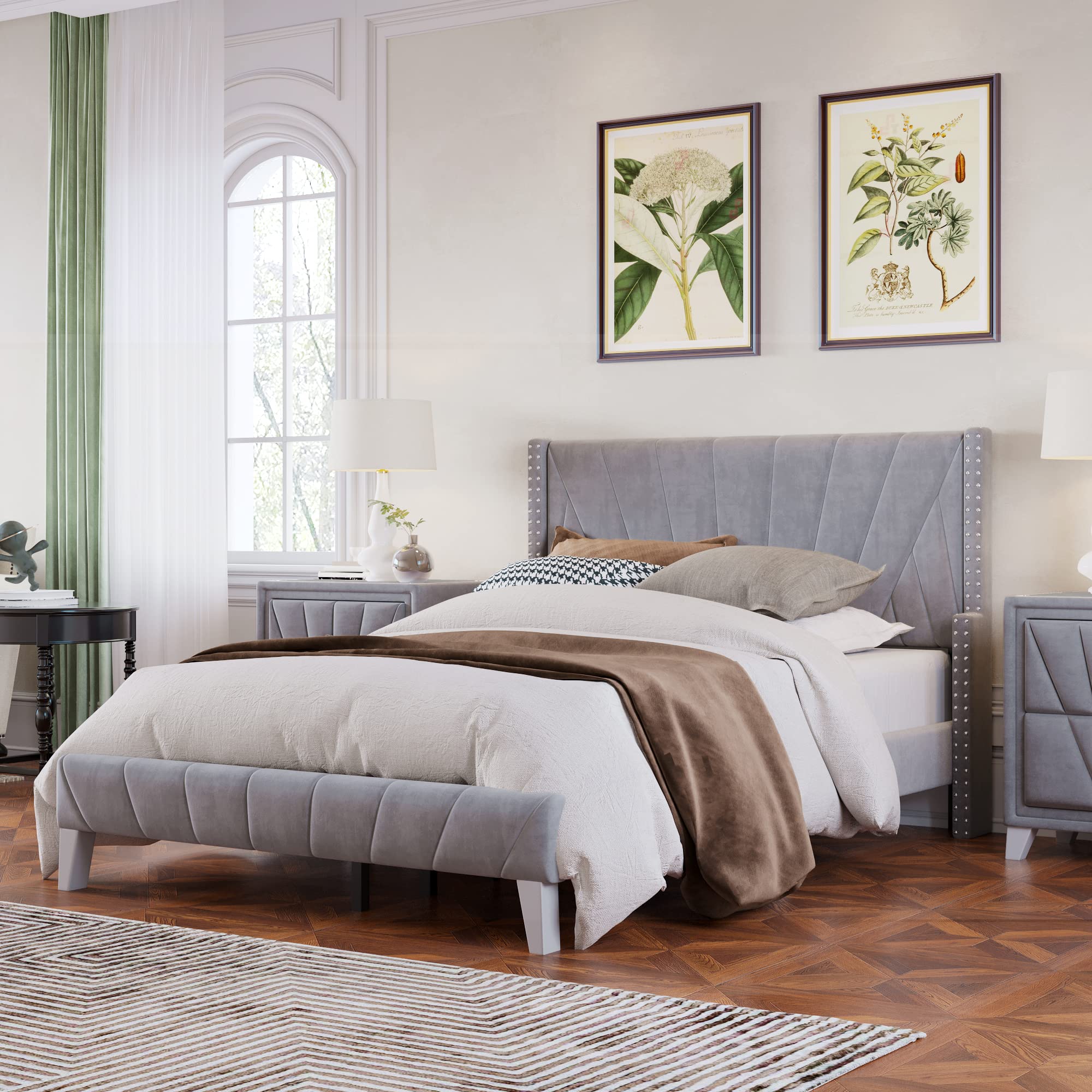 Modern 3-Piece Full Bedroom Set - Velvet Upholstered Bed Frame with 2 Nightstands, Contemporary Gray Bedroom Furniture for Master & Guest Rooms | Perfect for Small Spaces & Cozy Home Decor