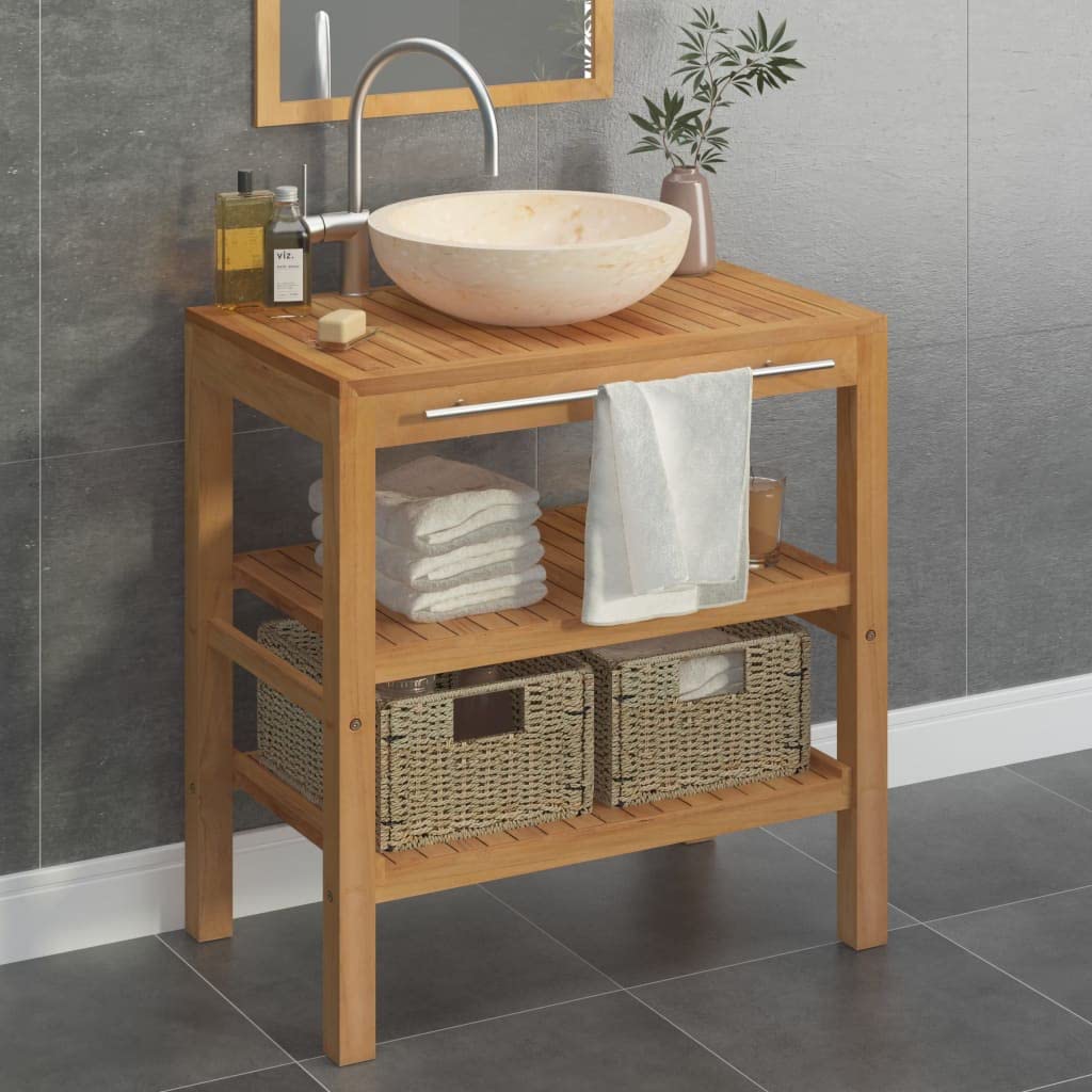 Premium Solid Teak Wood Bathroom Vanity with Cream Marble Sink & Seagrass Storage Baskets - Modern Farmhouse Style for Master Bath, Guest Bath & Powder Room Organization