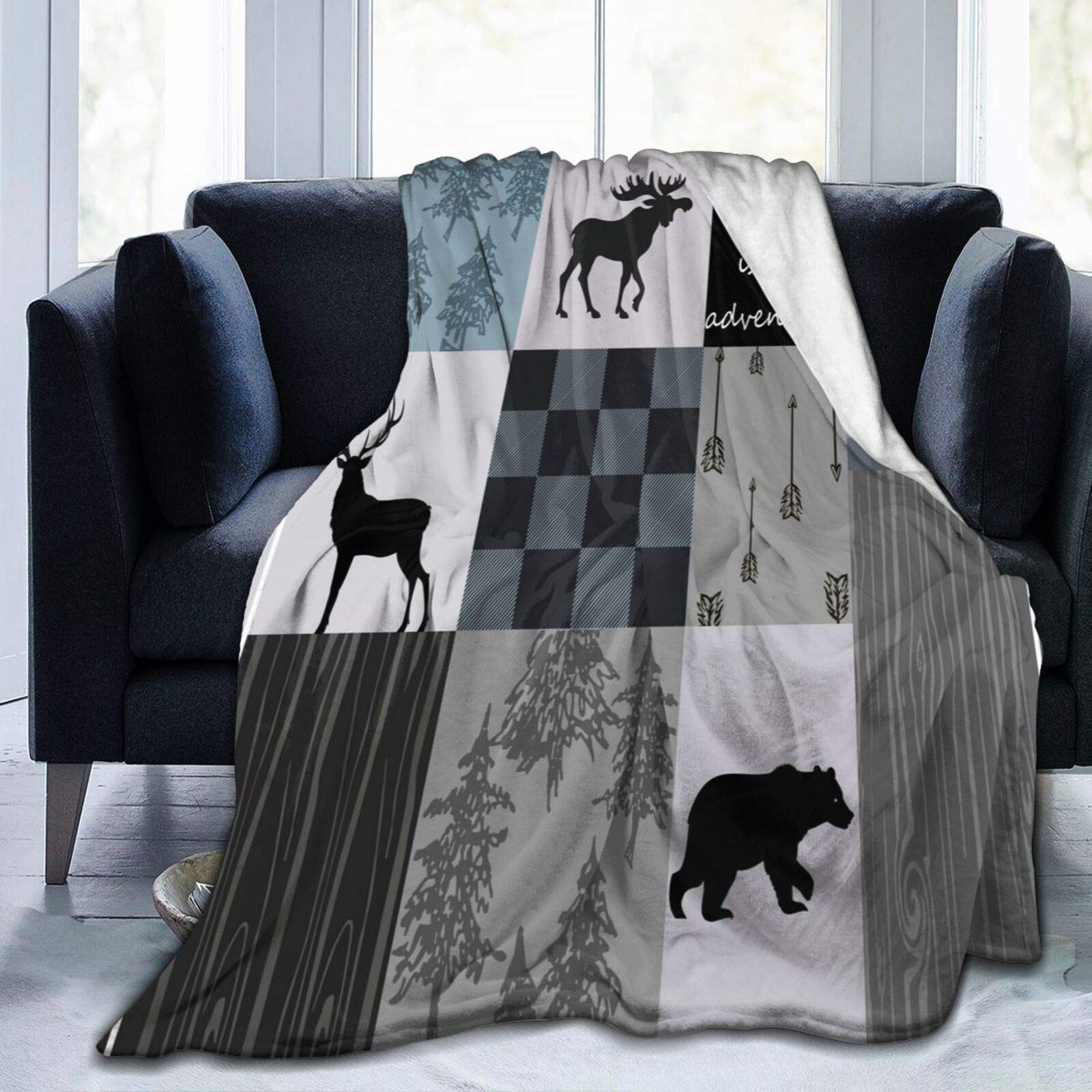 Rustic Lodge Bear Moose Fleece Throw Blanket - Ultra Soft Adventure Tartan Plaid Thermal Blanket for Home, Office, Camping & Car - Cozy Gift for Noon Break & Outdoor Adventures