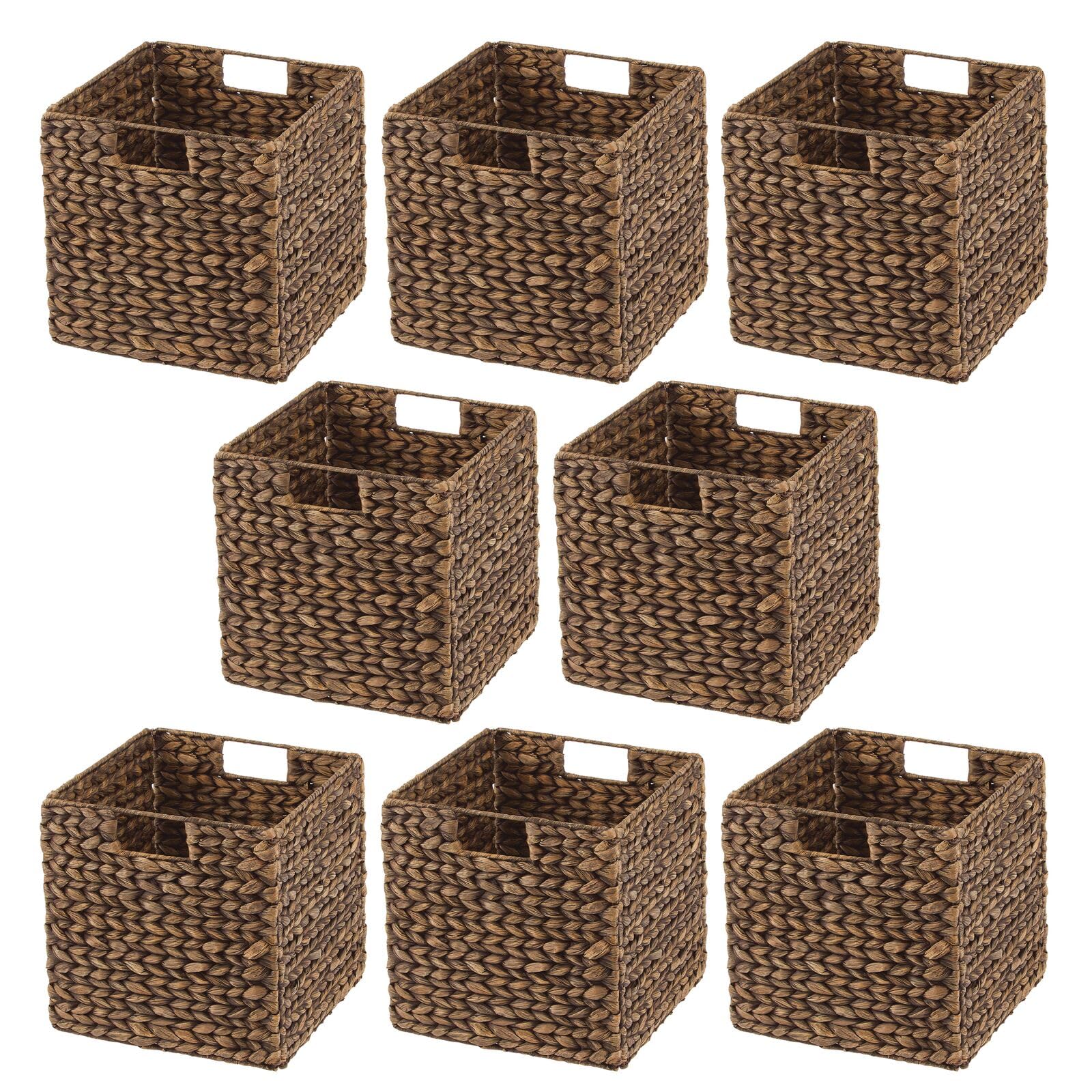 Natural Woven Hyacinth Storage Baskets with Handles - 8 Pack Brown Wash Cube Organizers for Kitchen Cabinet, Pantry Shelf & Cubby Storage | Perfect for Snacks, Small Appliances & Home Organization | Space-Saving Storage Solution for Bedroom, Bathroom & Office